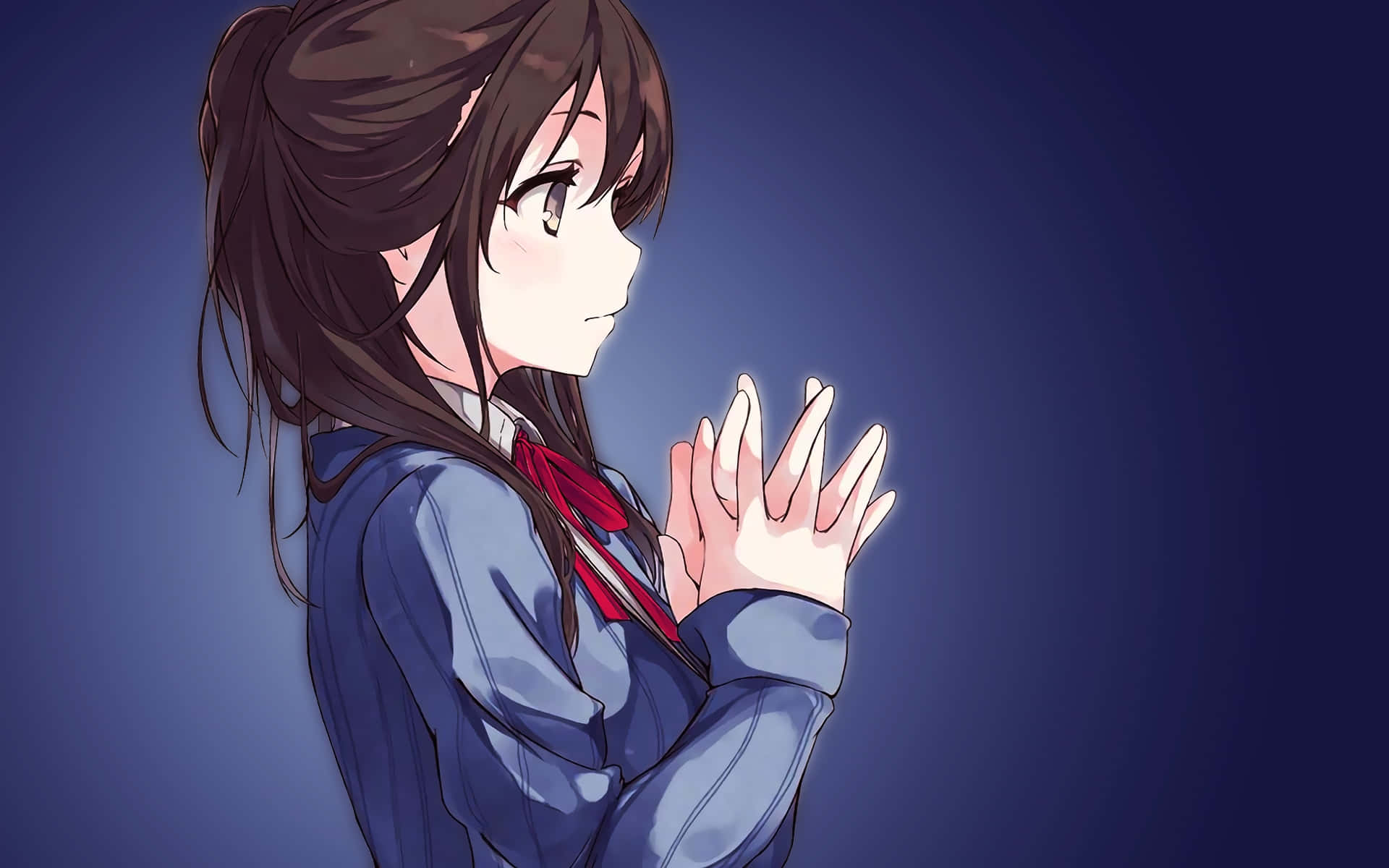 brunette anime girl, blue school uniform, deep blue gradient background, Full HD Desktop Wallpaper
