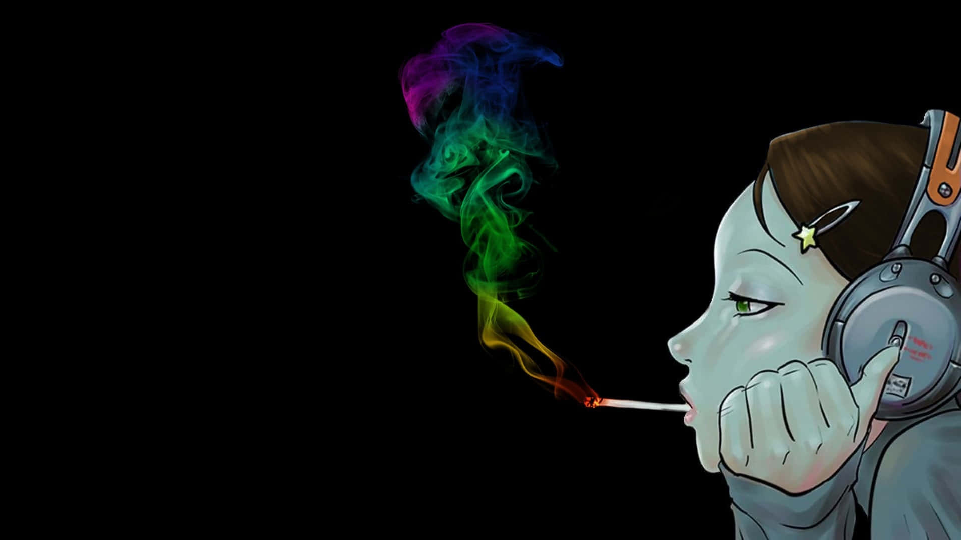 smoking cartoon girl profile, rainbow smoke, headphones, Full HD Desktop Wallpaper