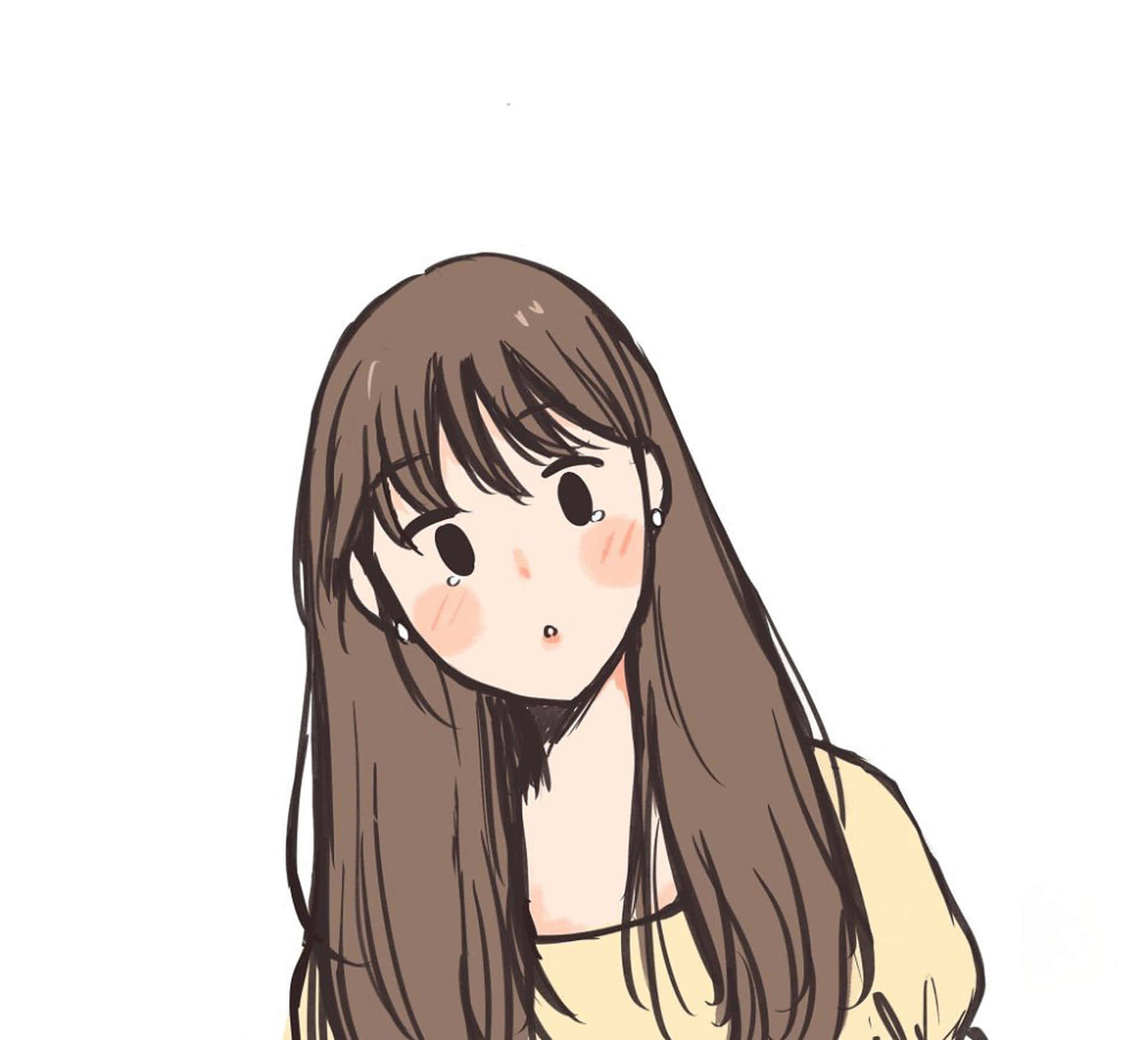 kawaii cartoon girl, long brown hair, rosy cheeks, Full HD Desktop Wallpaper