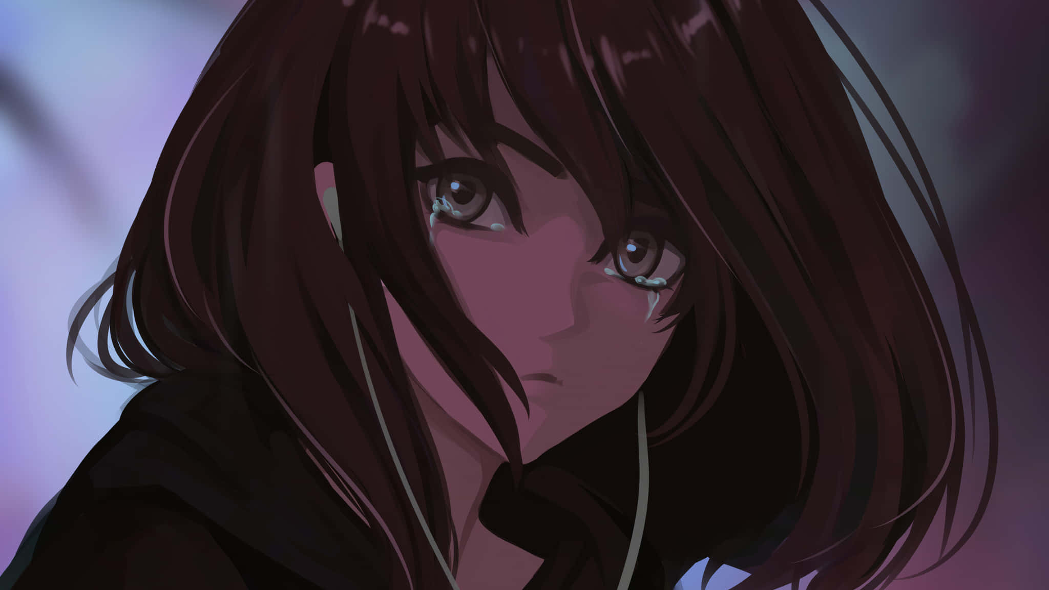teary eyed girl profile, melancholic anime girl, dark hair, Full HD Desktop Wallpaper