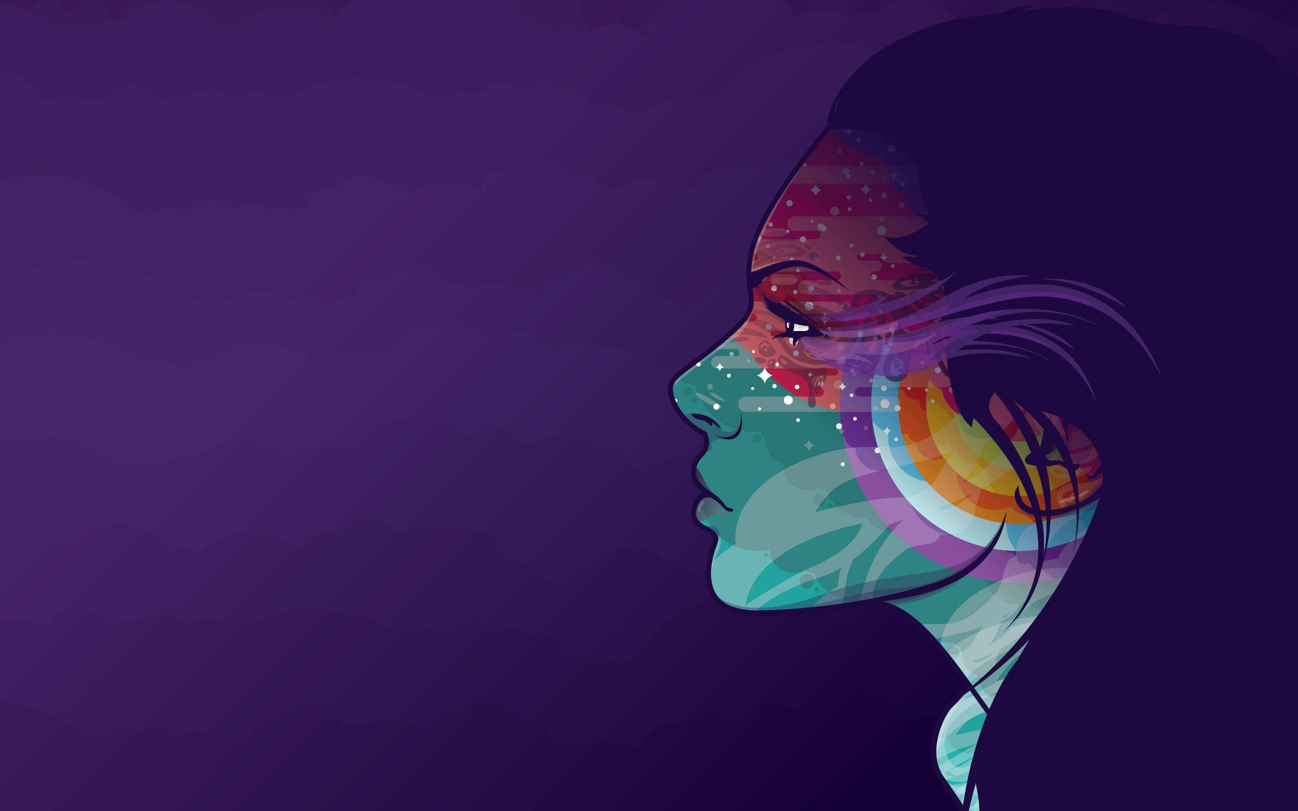 profile picture girl art portrait, purple tones, cosmic patterns, 2K Desktop Wallpaper