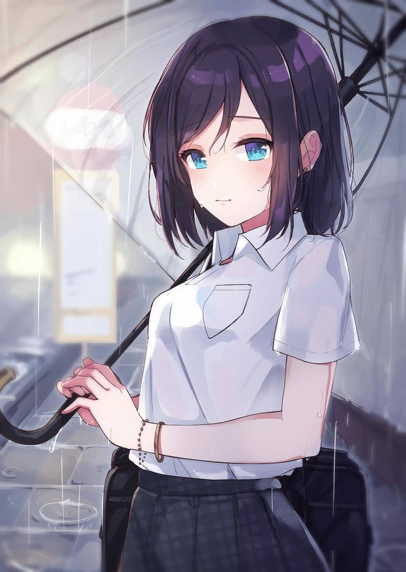 anime girl, blue eyes, dark hair, Full HD Phone Wallpaper
