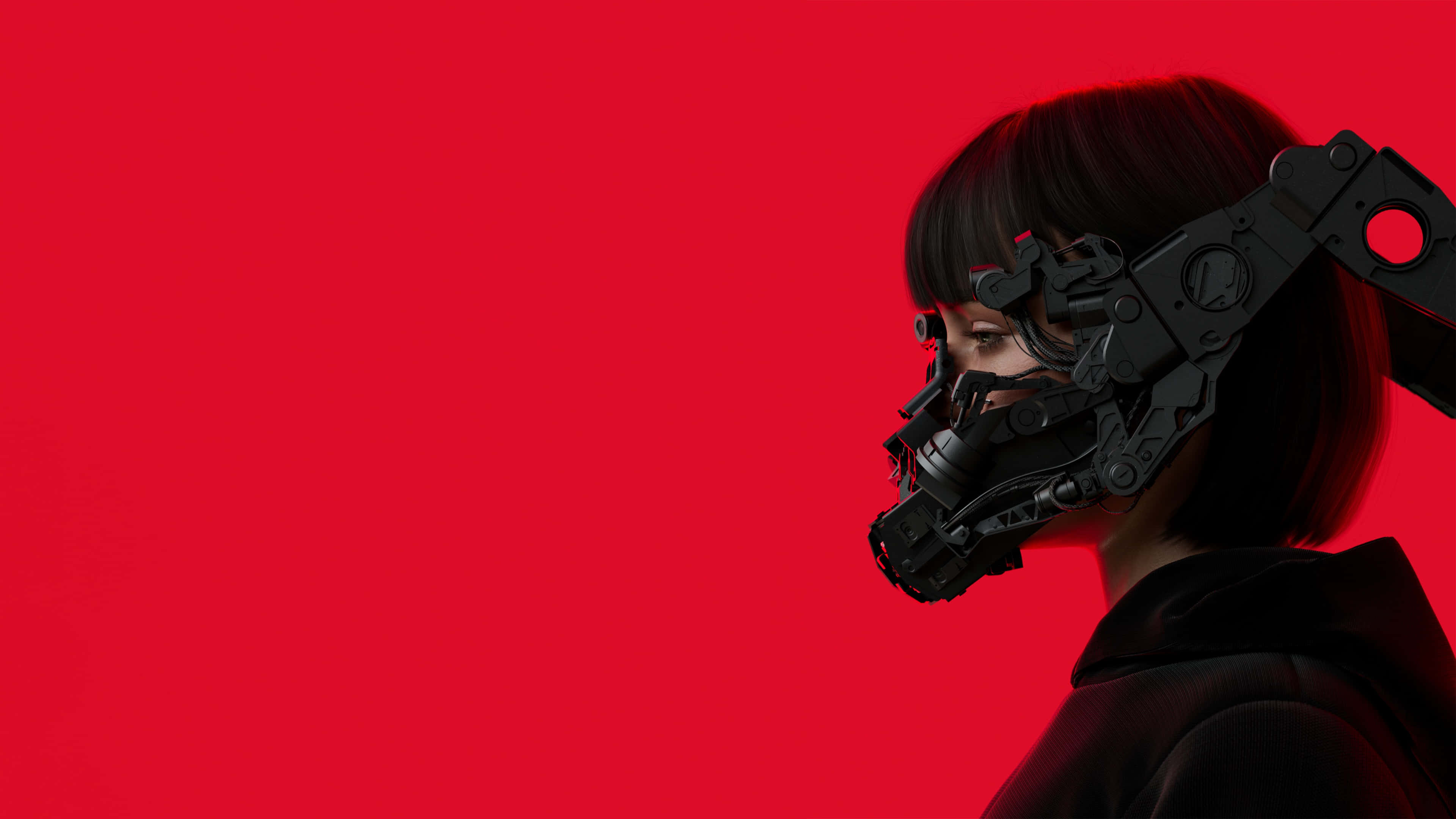 cyberpunk aesthetic girl profile, black mechanical mask, solid red background, 4K Desktop Wallpaper
