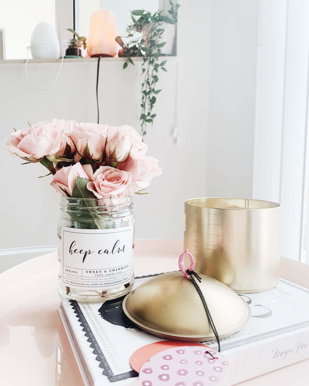 rose gold glow, pink roses, glass jar labeled keep calm, SD Phone Wallpaper