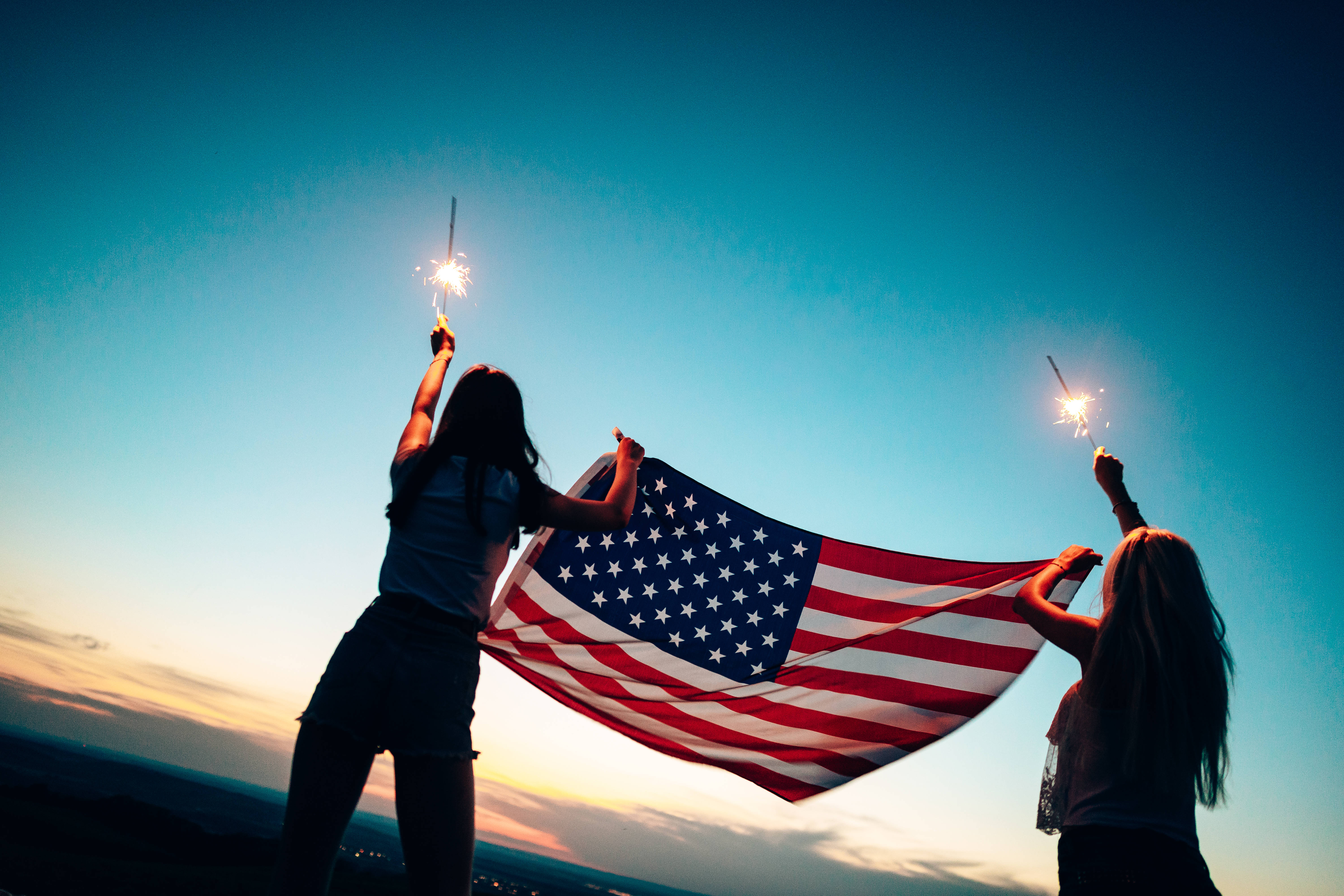 Girl Shadow, American flag, sparklers, 5K Desktop Wallpaper