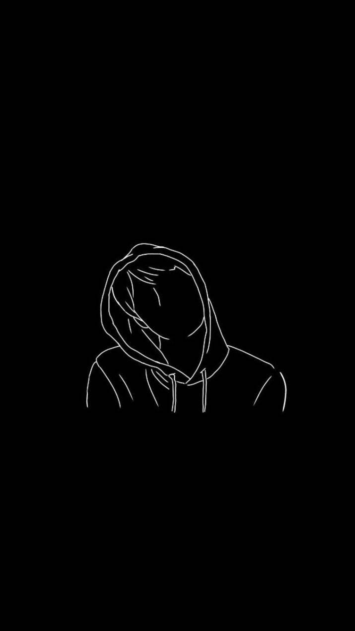 black trippy girl line art, minimalist white line drawing, hooded figure, SD Phone Wallpaper