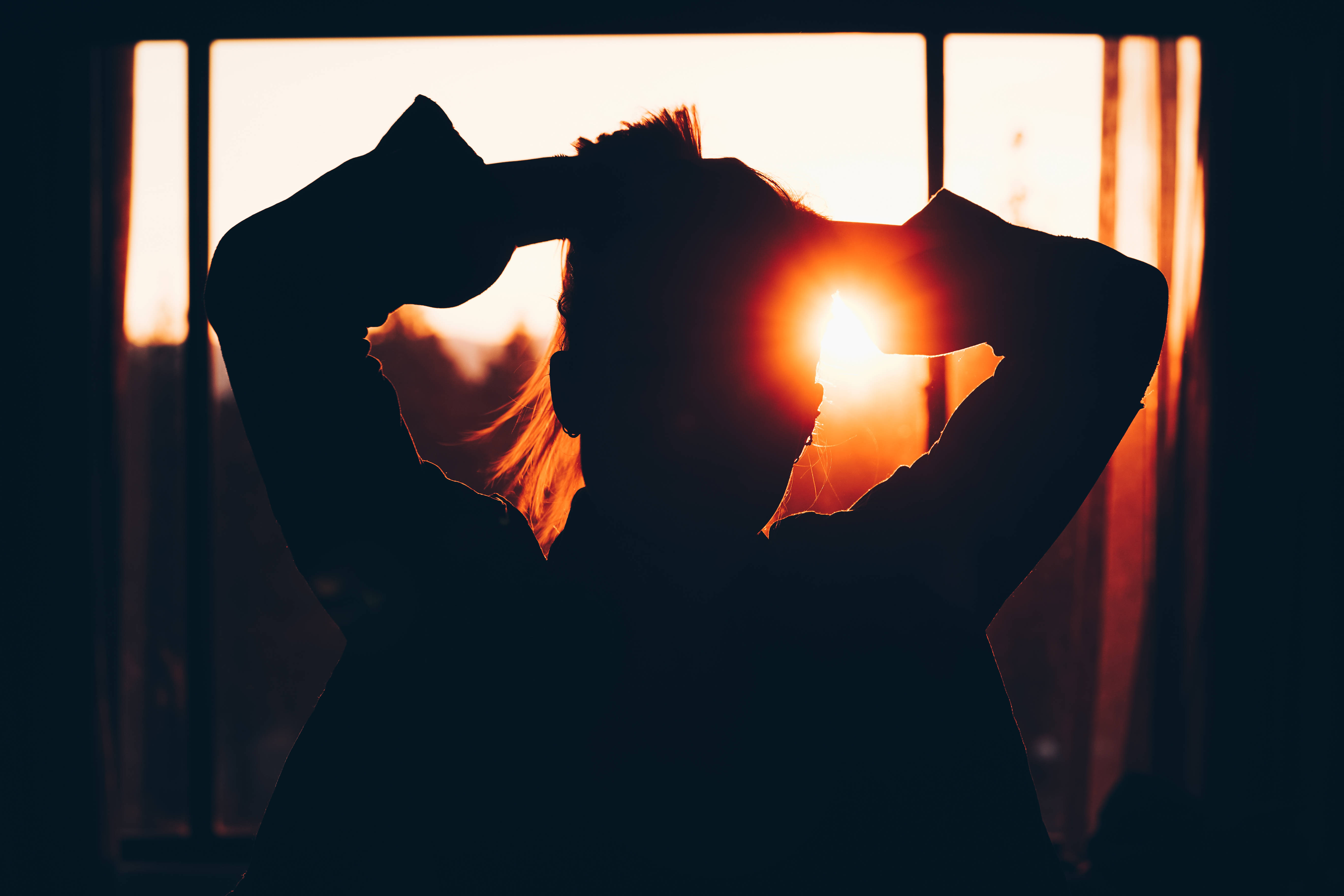 Girl Shadow, big window, warm sunset light, 5K Desktop Wallpaper