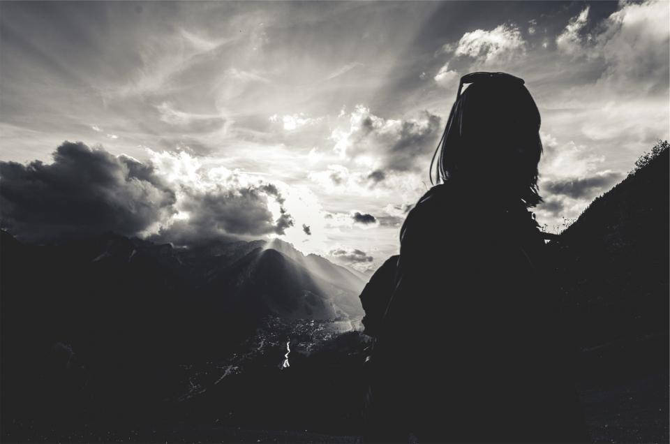 Grayscale Girl Shadow, silhouette, mountain peaks, SD Desktop Wallpaper