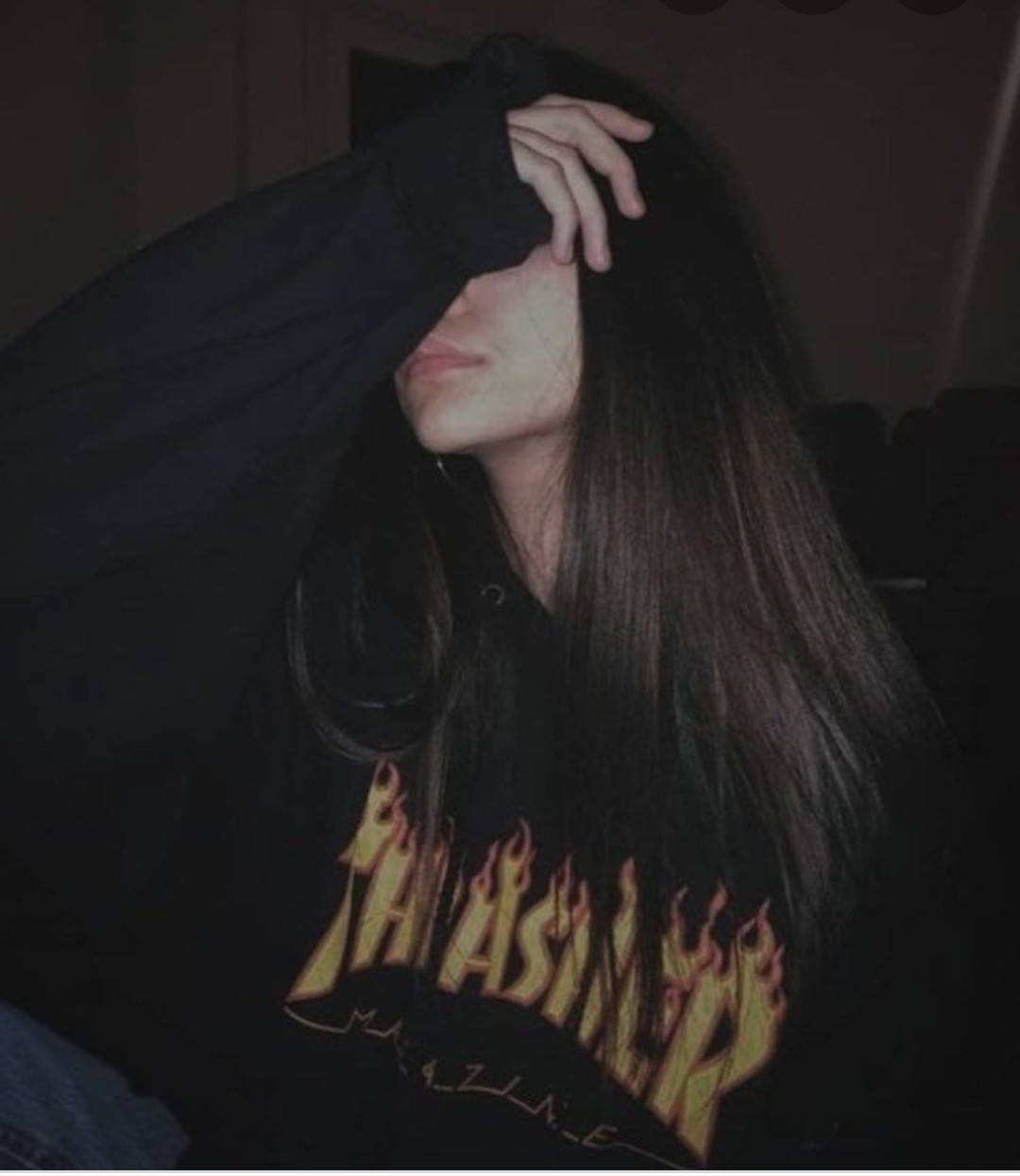Thrasher hoodie, black hoodie, long dark hair, SD Phone Wallpaper