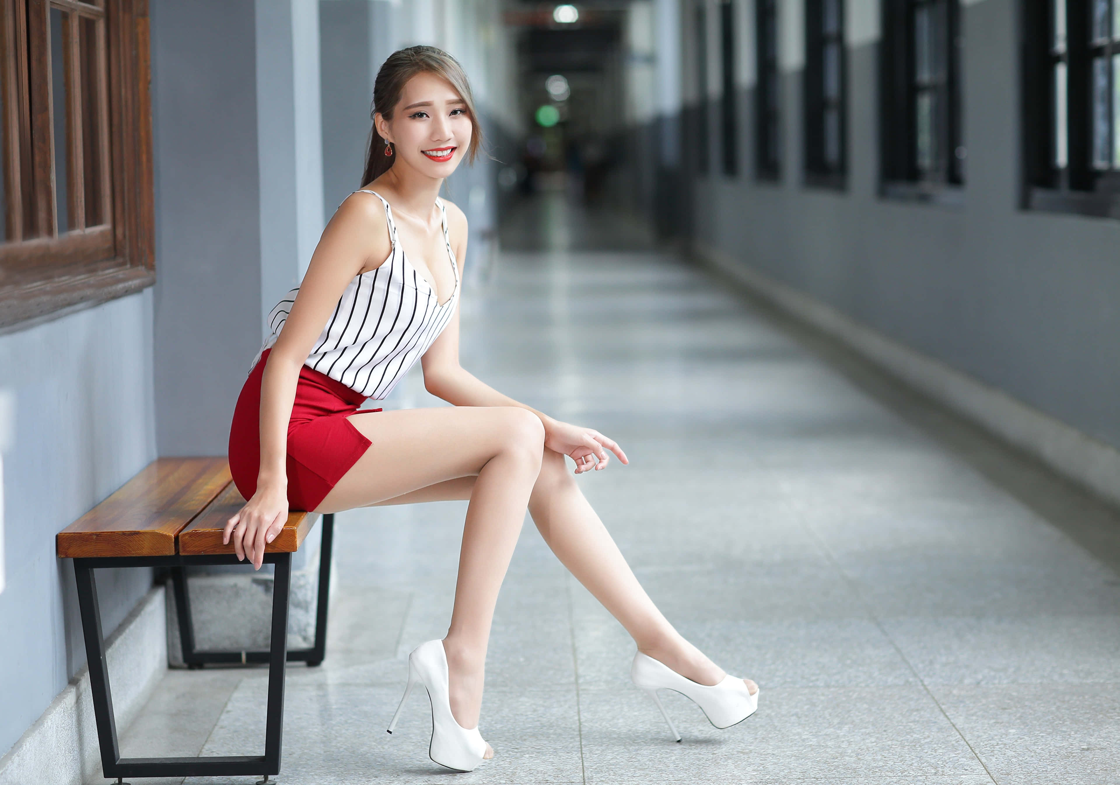 Thai girl, white high heels, striped top, 4K Desktop Wallpaper