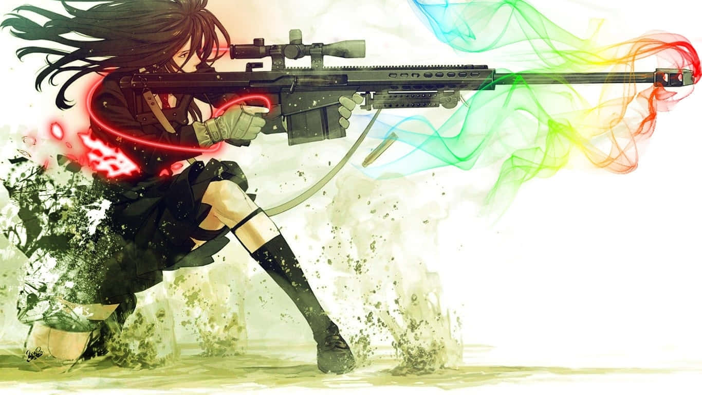 neon anime girl sniper, long dark hair, sniper rifle, HD Desktop Wallpaper