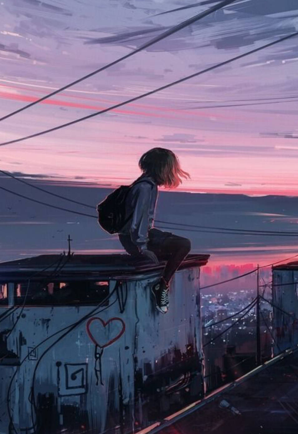 anime girl, backpack, rooftop, HD Phone Wallpaper