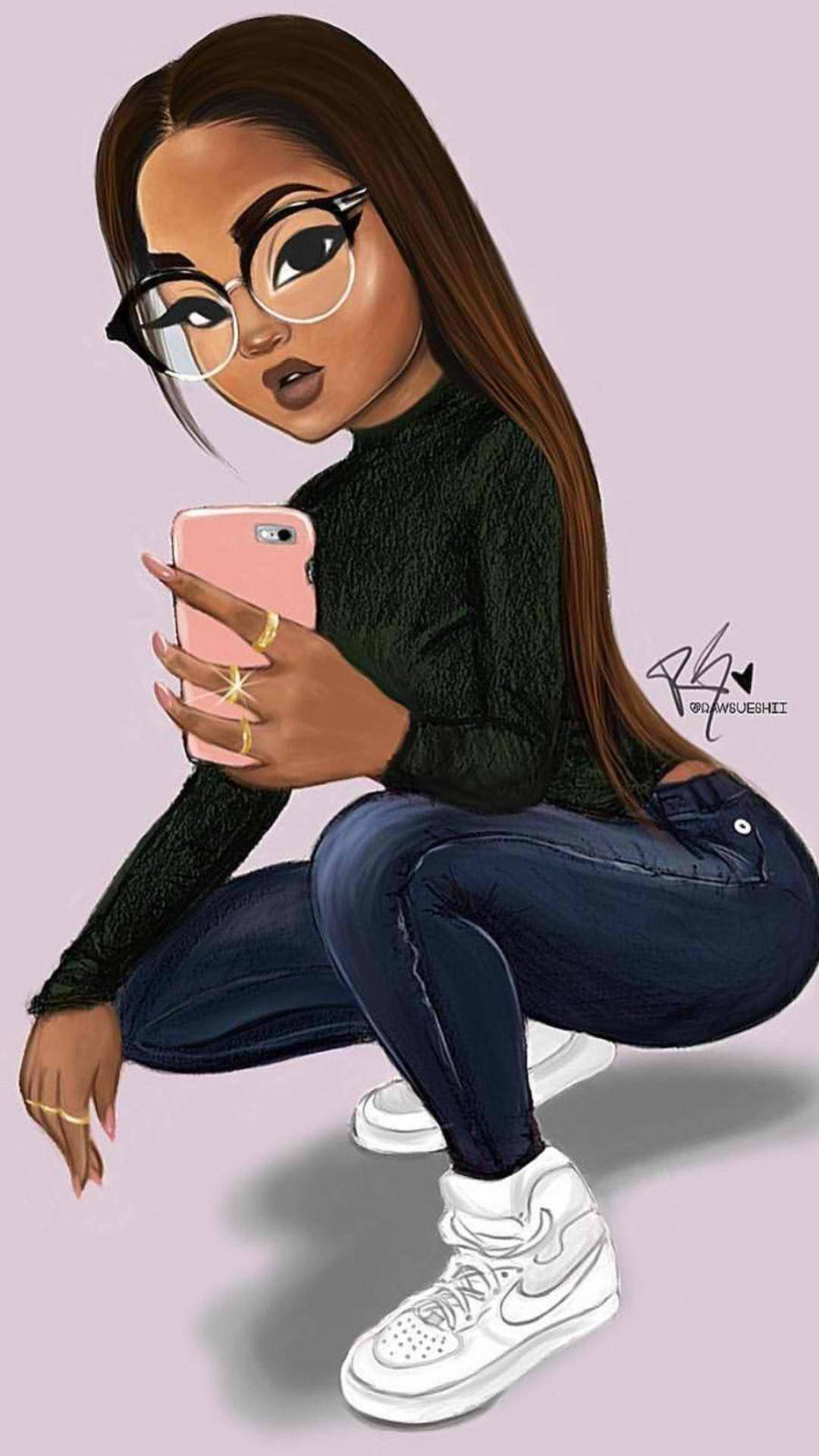 cute black hair, mirror selfie, cartoon girl, Full HD Phone Wallpaper