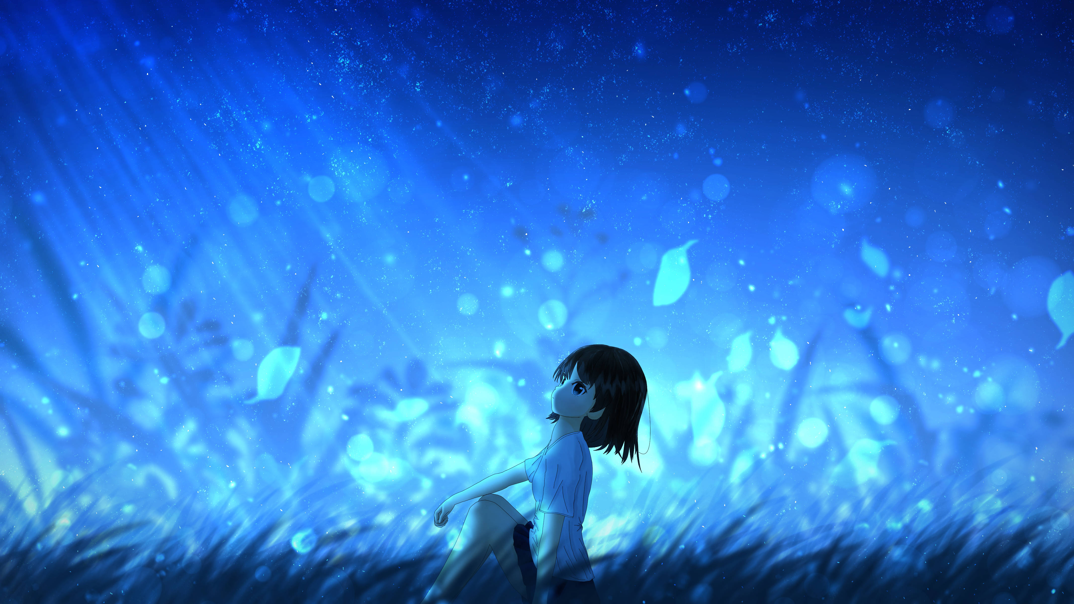 young girl, glowing blue grass, starry sky, 4K Desktop Wallpaper