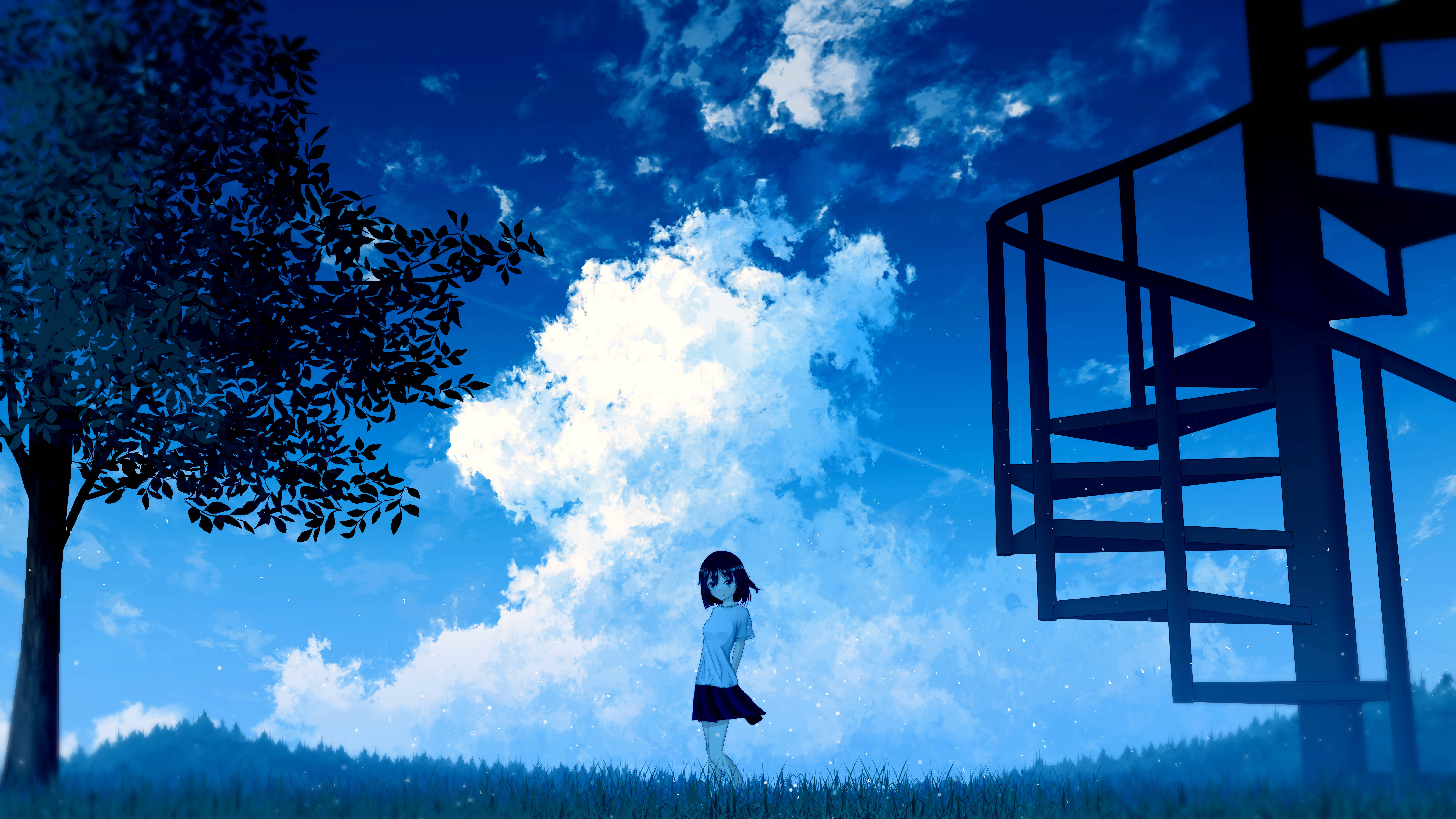 anime girl, grassy field, vast blue sky, 8K Desktop Wallpaper