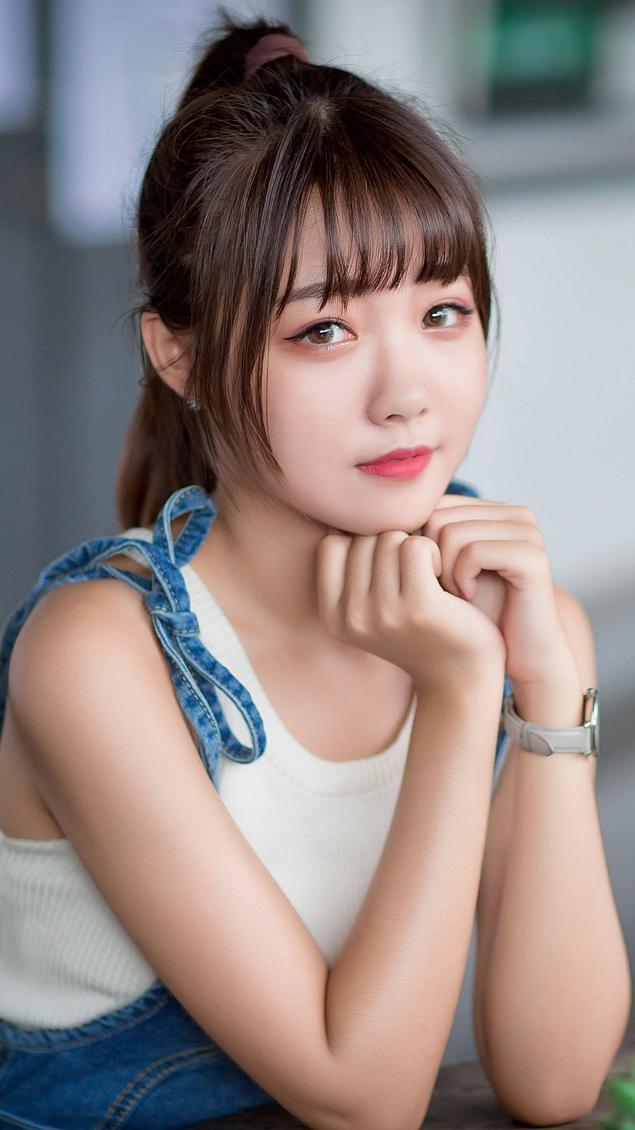 Korean girl, cute denim overalls, brown hair, 4K Phone Wallpaper