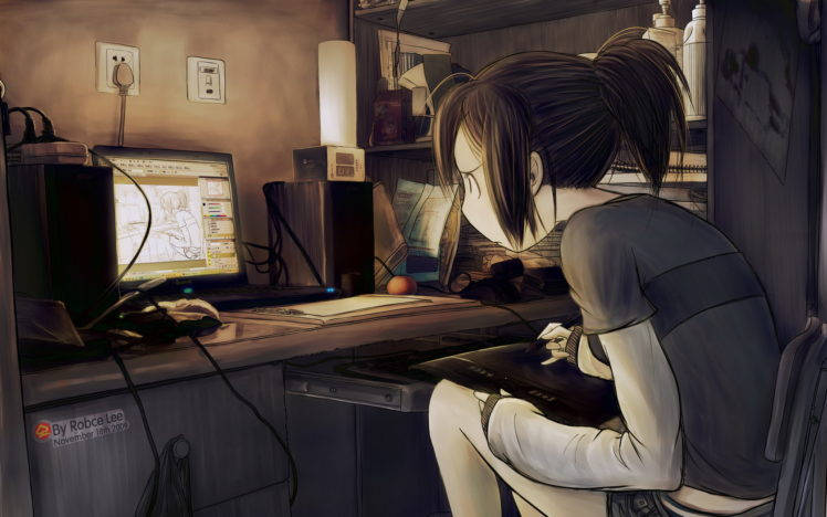 anime girl, dark hair, ponytail, SD Desktop Wallpaper