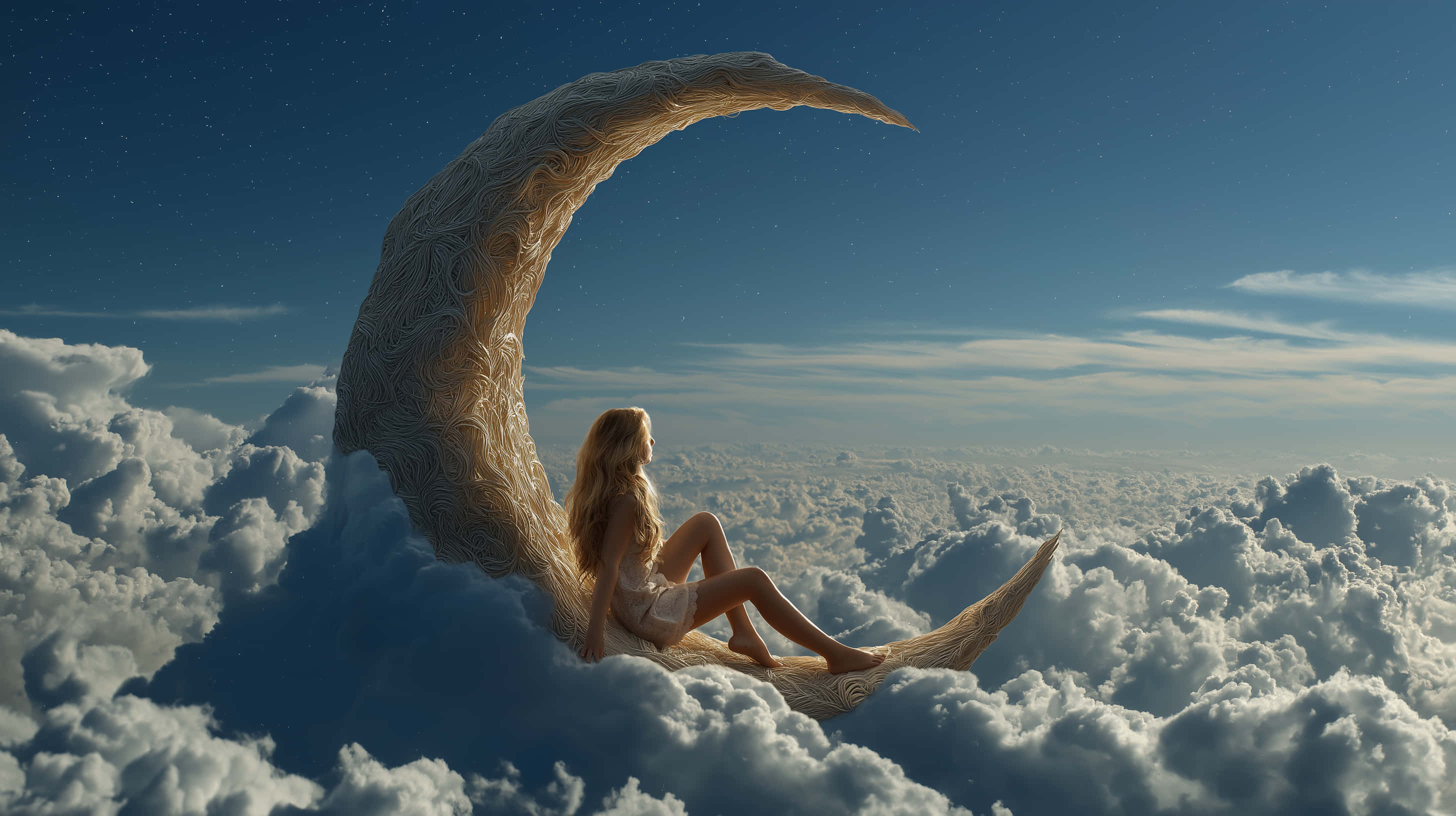 crescent moon, fluffy white clouds, starry blue sky, 2K Desktop Wallpaper