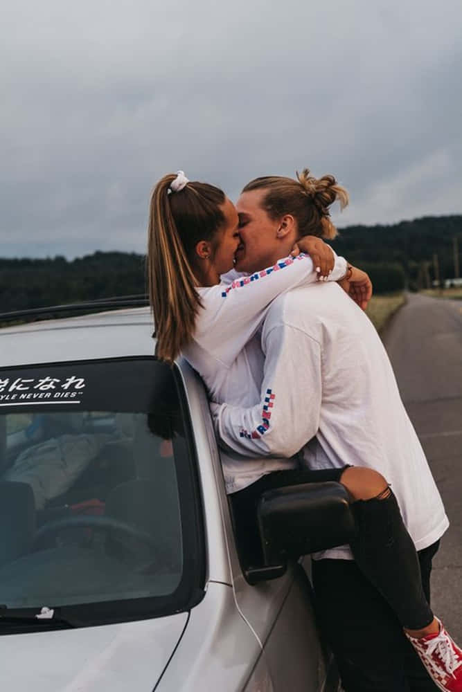 white car, cloudy roadside, couple, SD Phone Wallpaper
