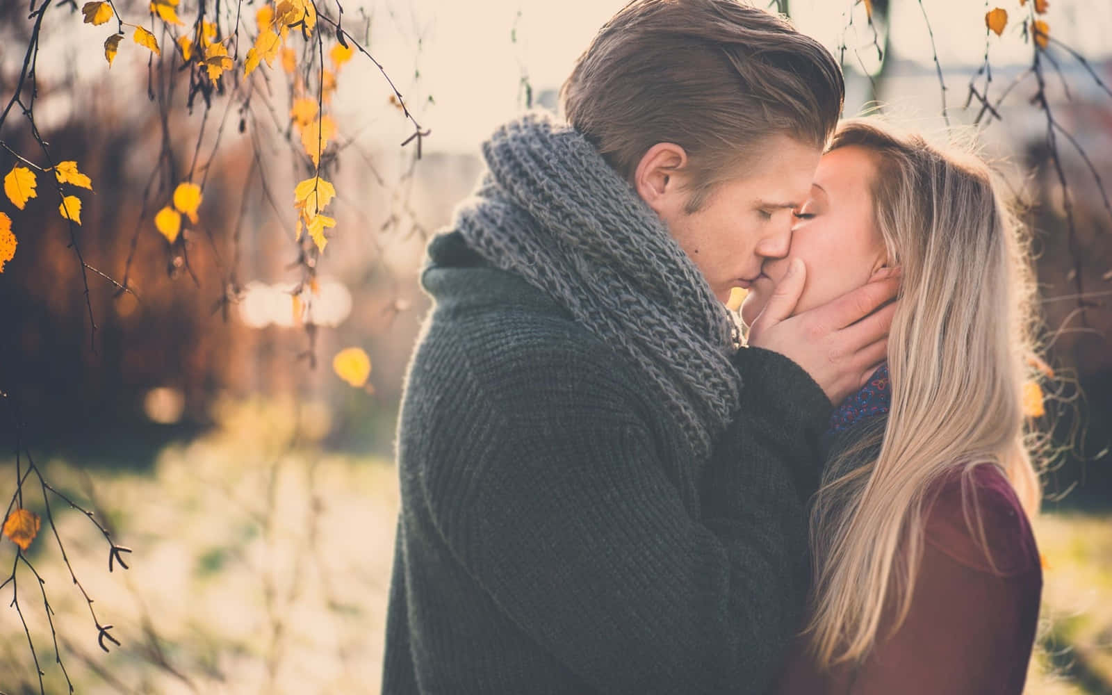 Girlfriend And Boyfriend, autumn leaves, soft sunlight, HD Desktop Wallpaper
