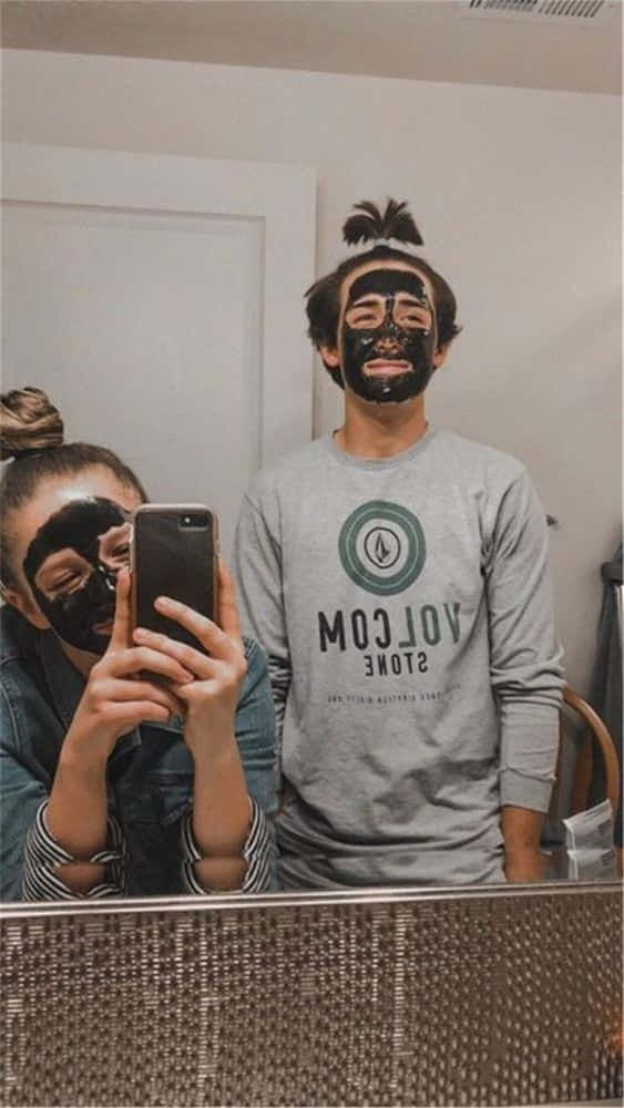 black face masks, mirror selfie, bathroom, SD Phone Wallpaper