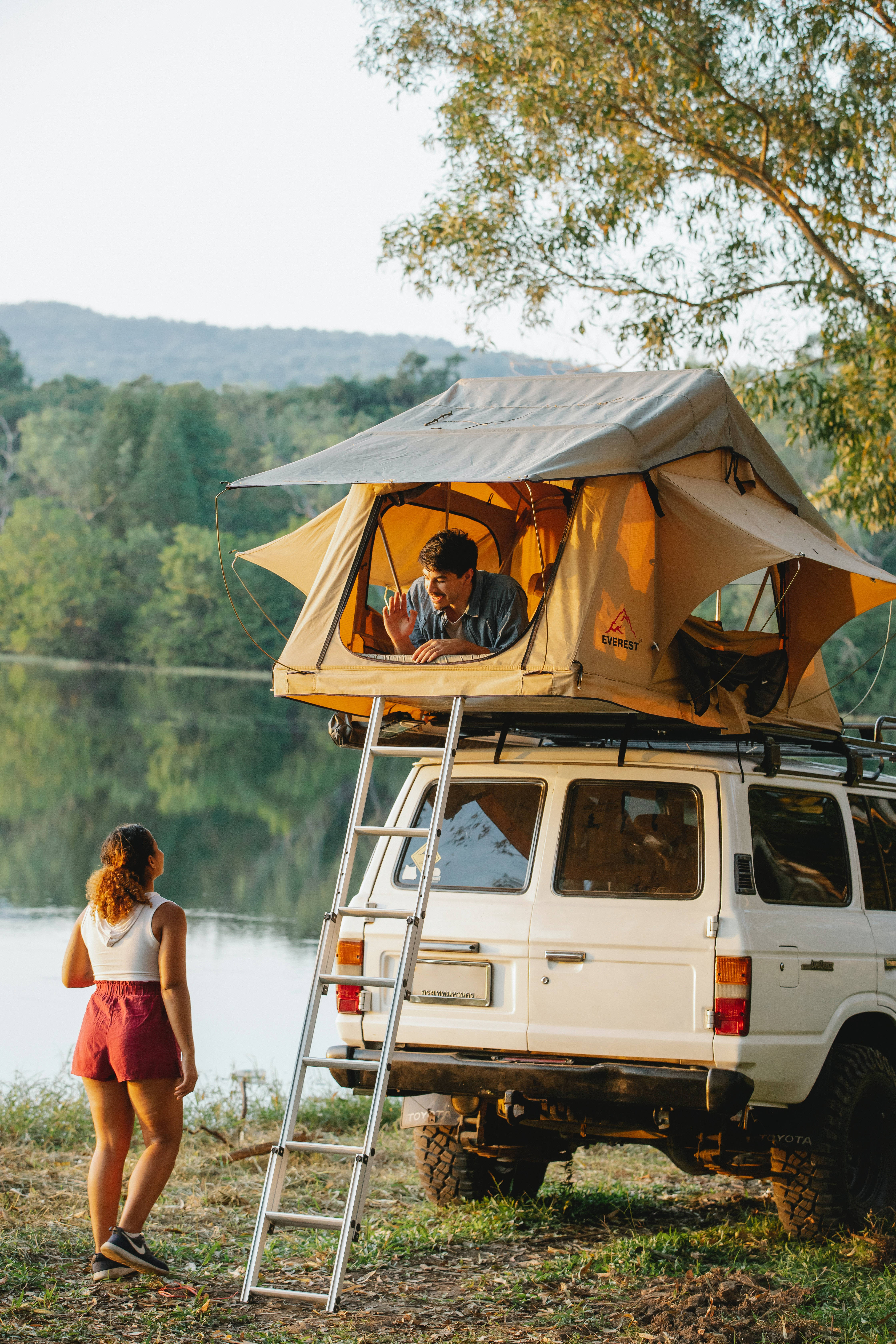 rooftop tent, white SUV, calm lake, 5K Phone Wallpaper