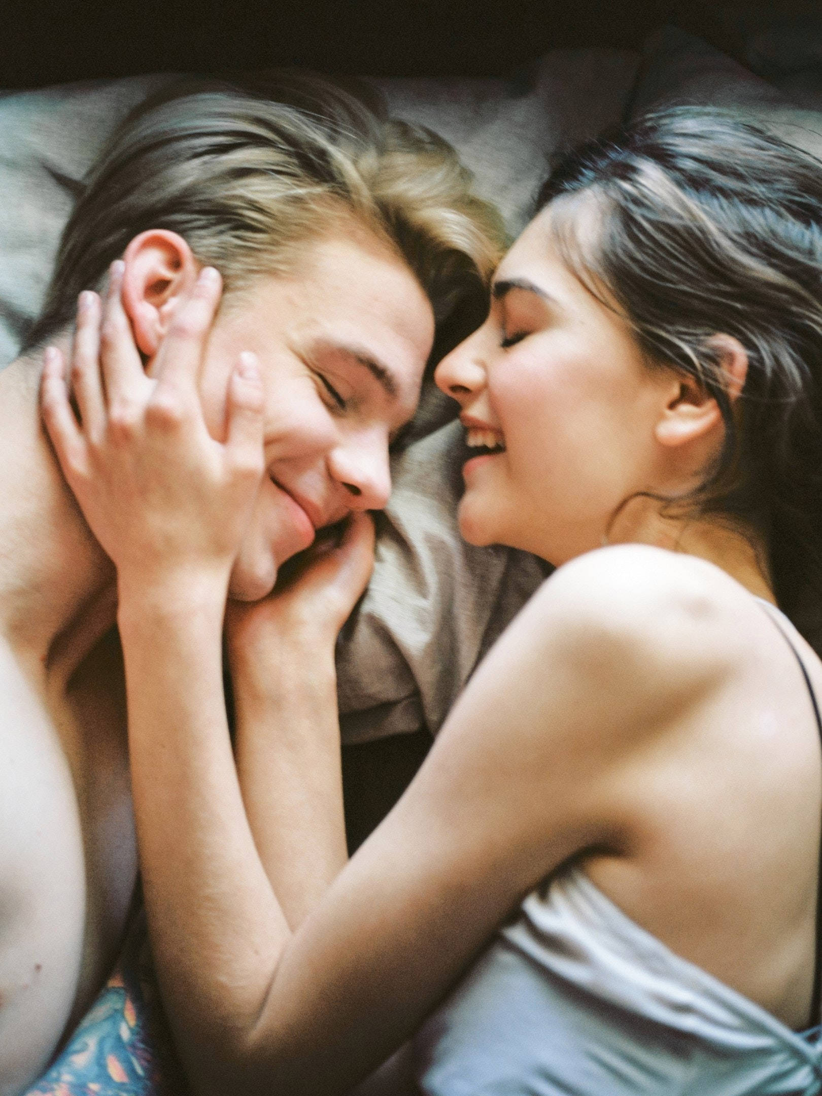 bed, young couple, soft lighting, Full HD Phone Wallpaper