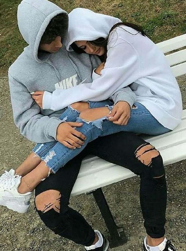 girlfriend and boyfriend, white bench, hoodies, SD Phone Wallpaper