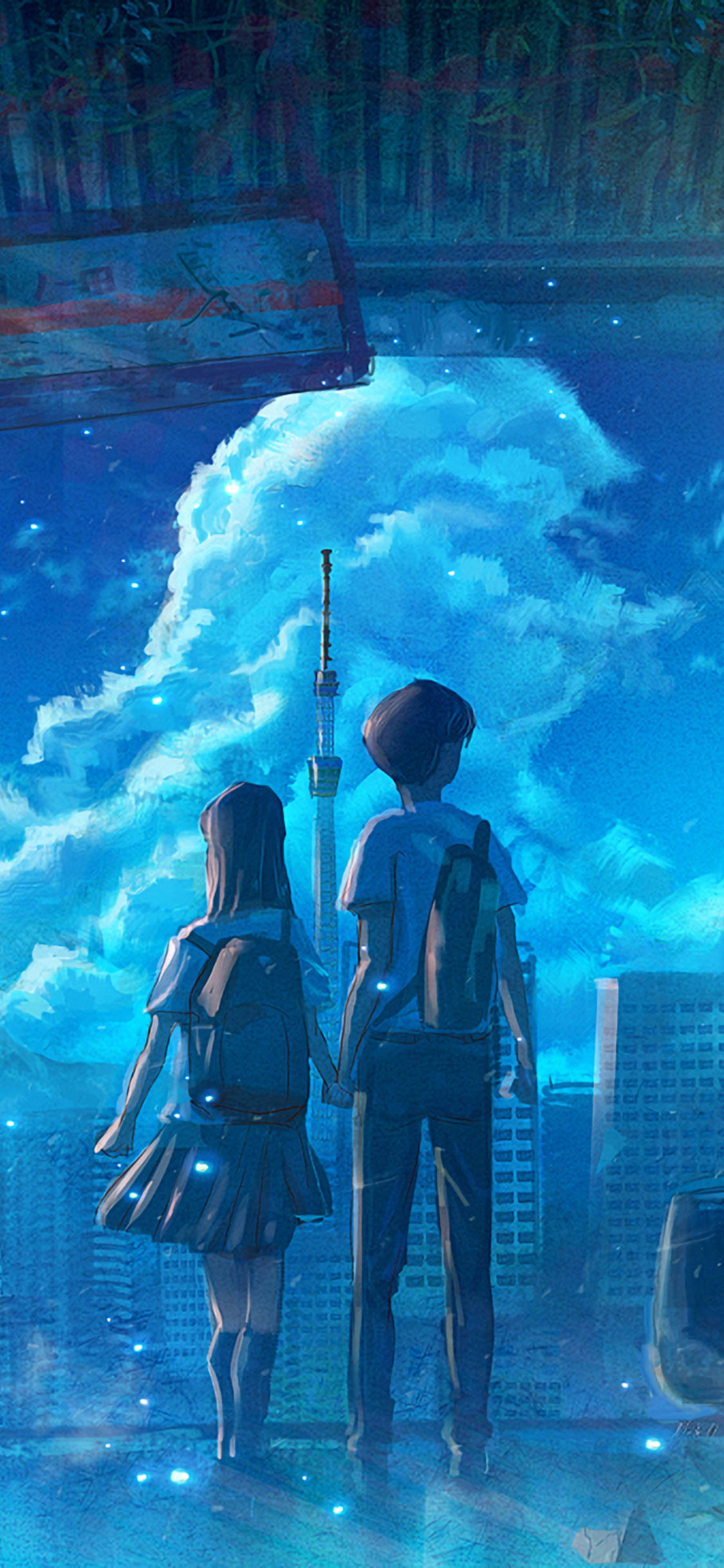 boyfriend and girlfriend, school uniform, glowing blue sky, Full HD Phone Wallpaper
