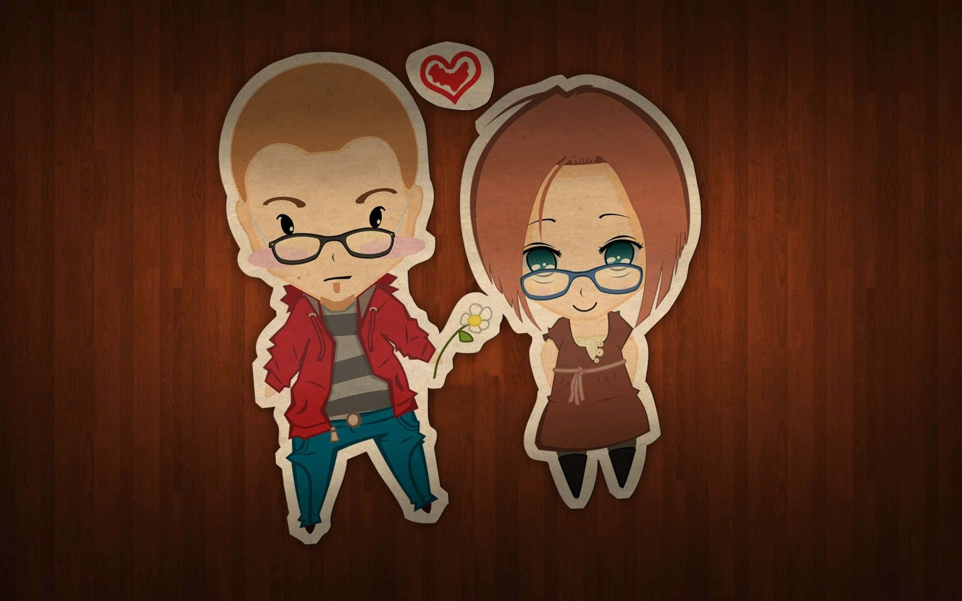 chibi anime couple, cutouts, wood wall, Full HD Desktop Wallpaper