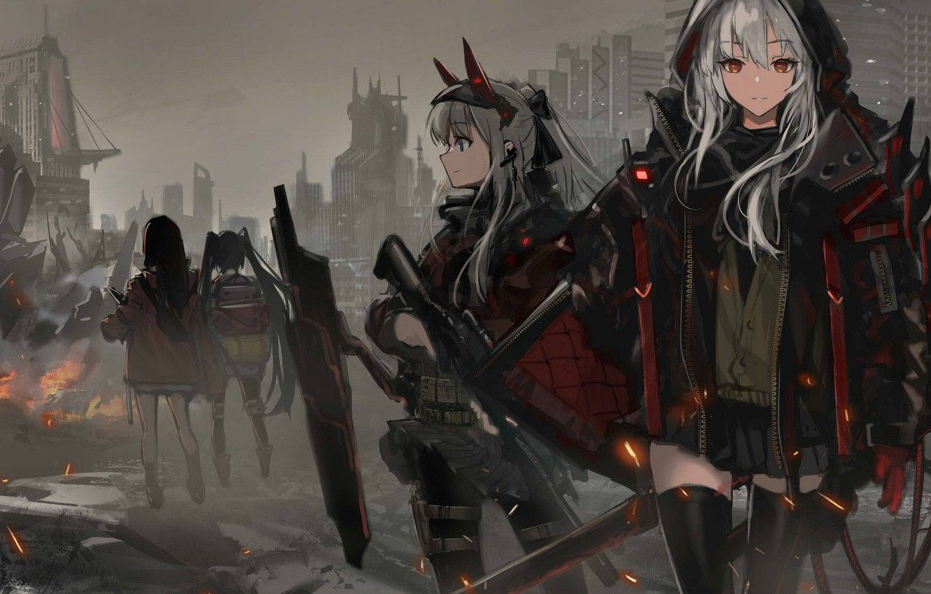 Girls Frontline, red and black tactical gear, smoky ruined cityscape, HD Desktop Wallpaper