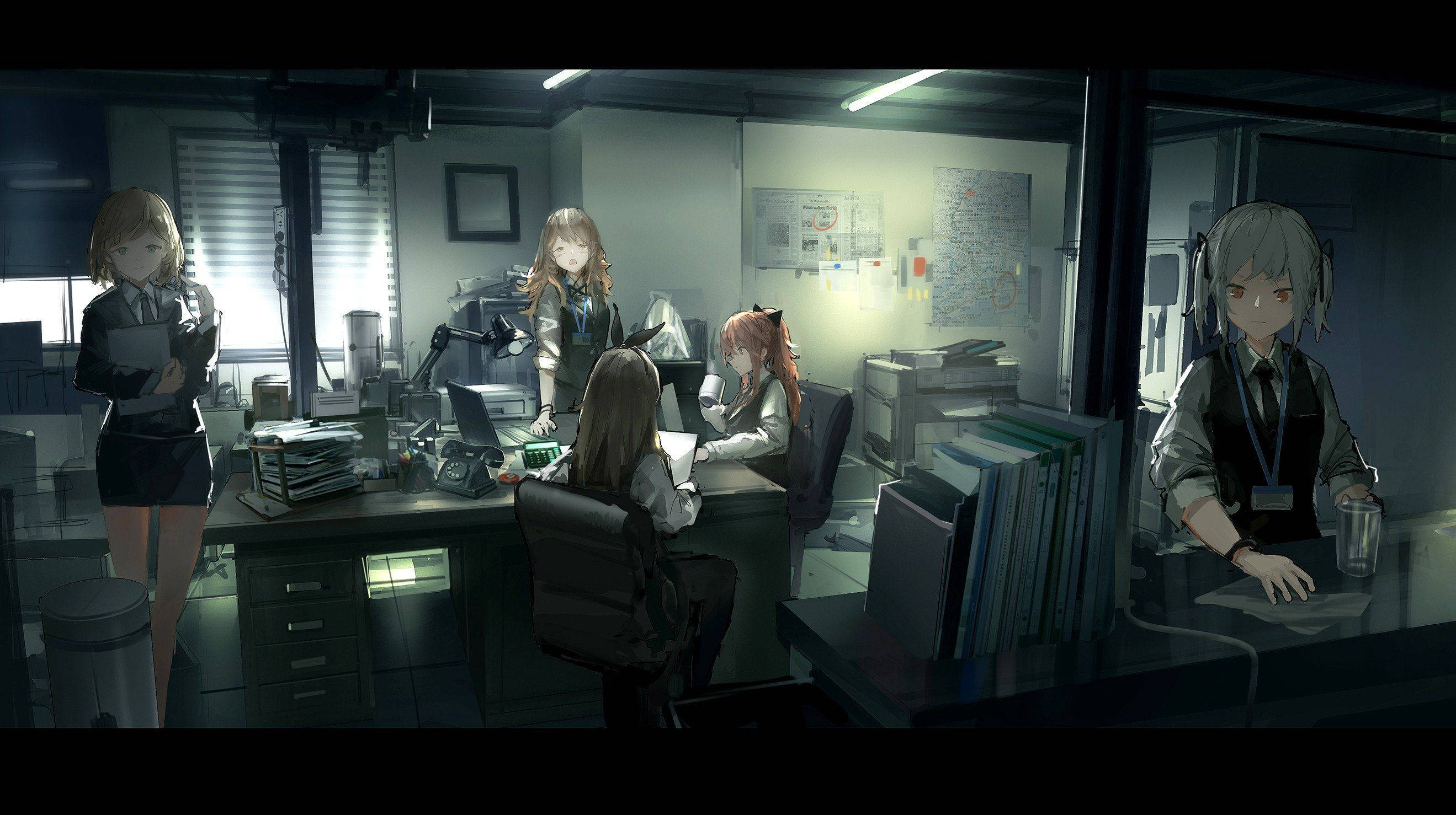 Girls Frontline, office, dimly lit office, 2K Desktop Wallpaper