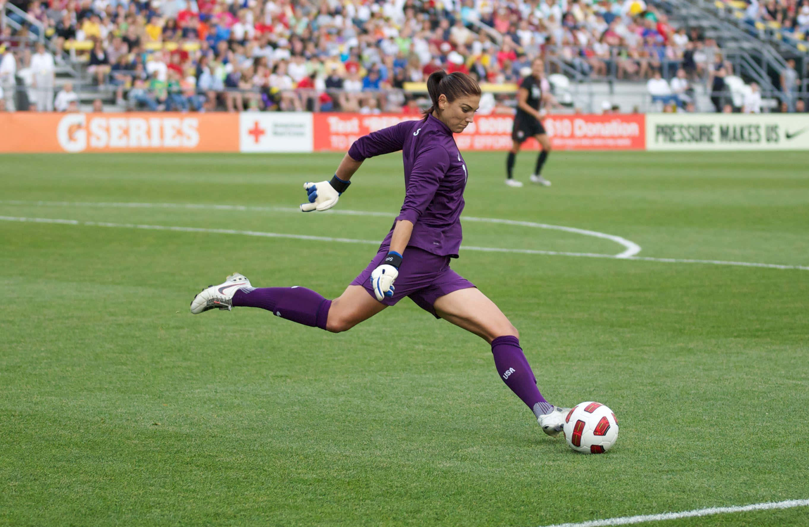 female goalkeeper, purple uniform, red and white ball, 2K Desktop Wallpaper