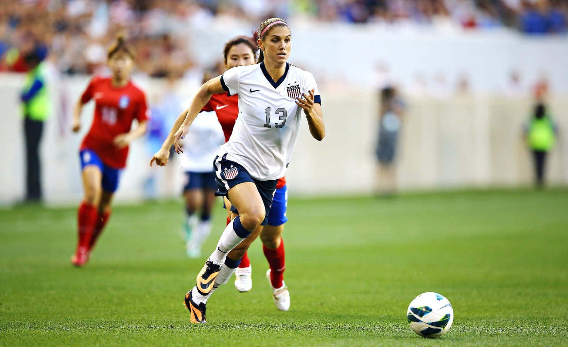 girls soccer, white US jersey, vibrant green field, HD Desktop Wallpaper