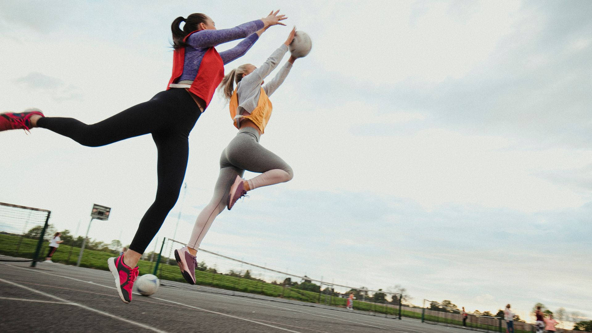 two girls, jump race, catching ball, Full HD Desktop Wallpaper