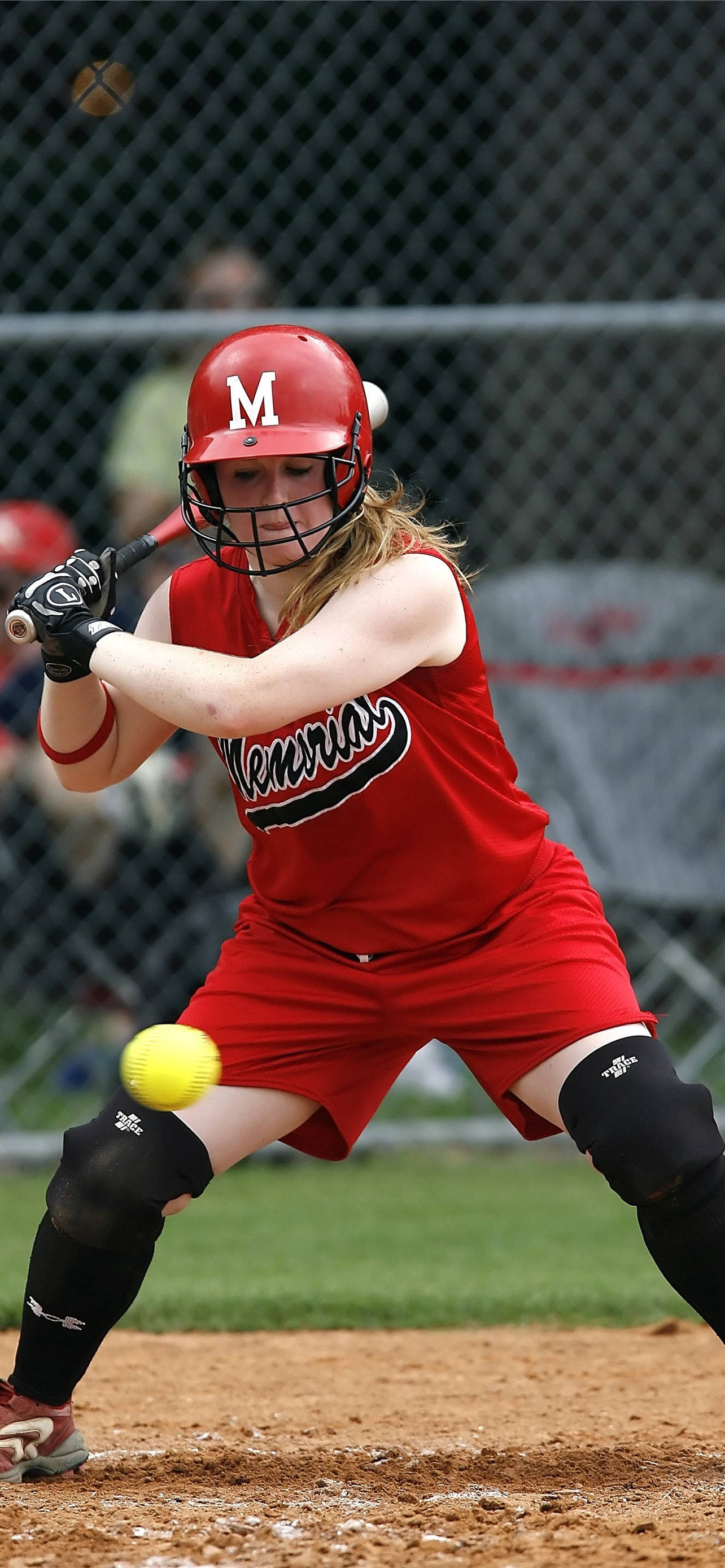 Girls Softball Team Action, red uniform, yellow ball, 2K Phone Wallpaper