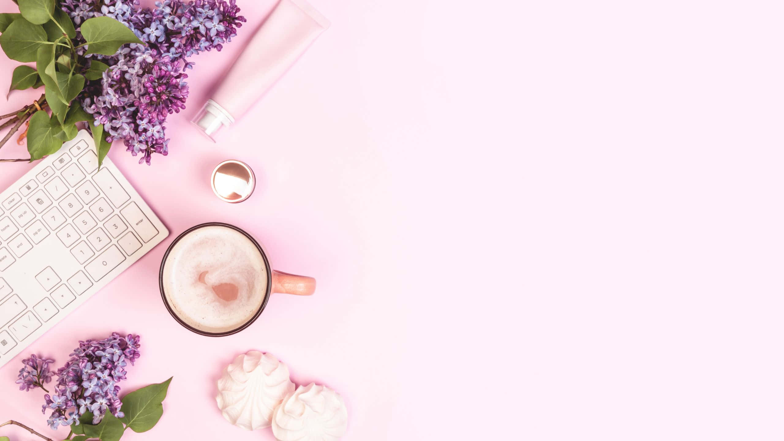 lilac flowers, coffee keyboard, macarons, 2K Desktop Wallpaper