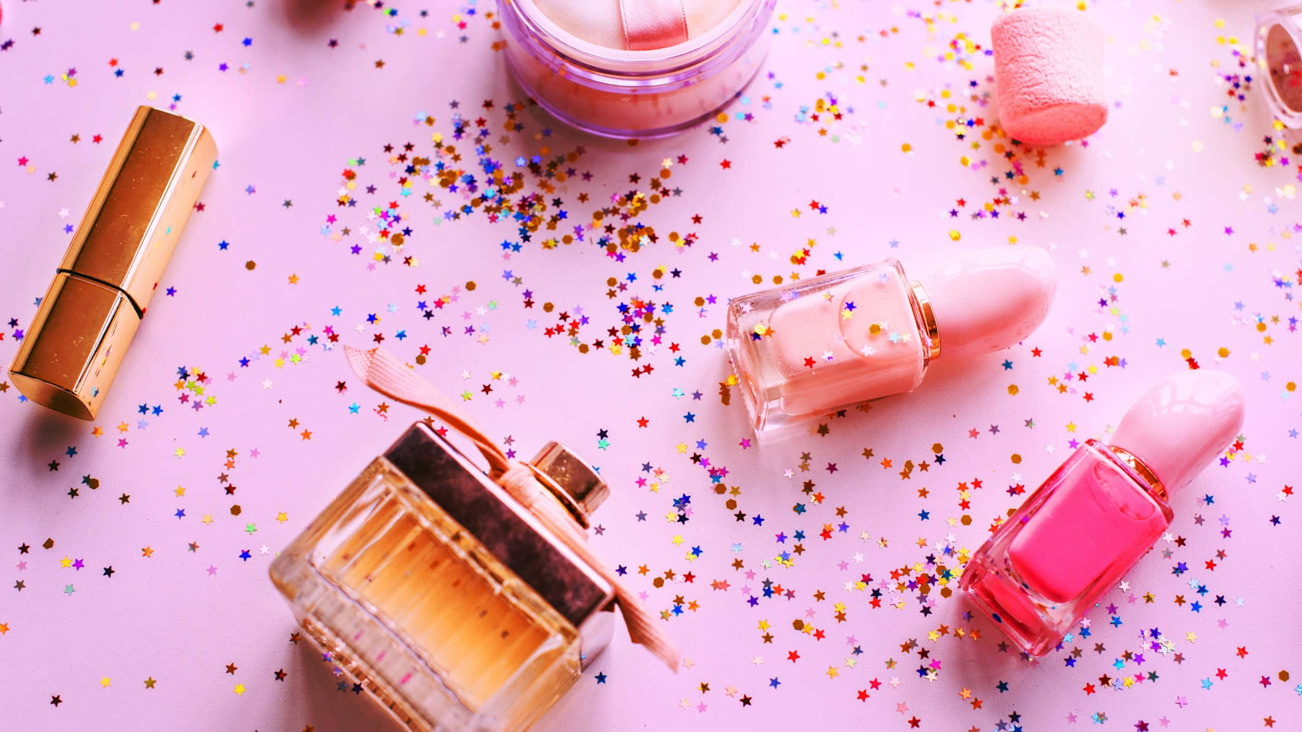 Girly Make Up Desktop, pink beauty products, star-shaped confetti, 2K Desktop Wallpaper