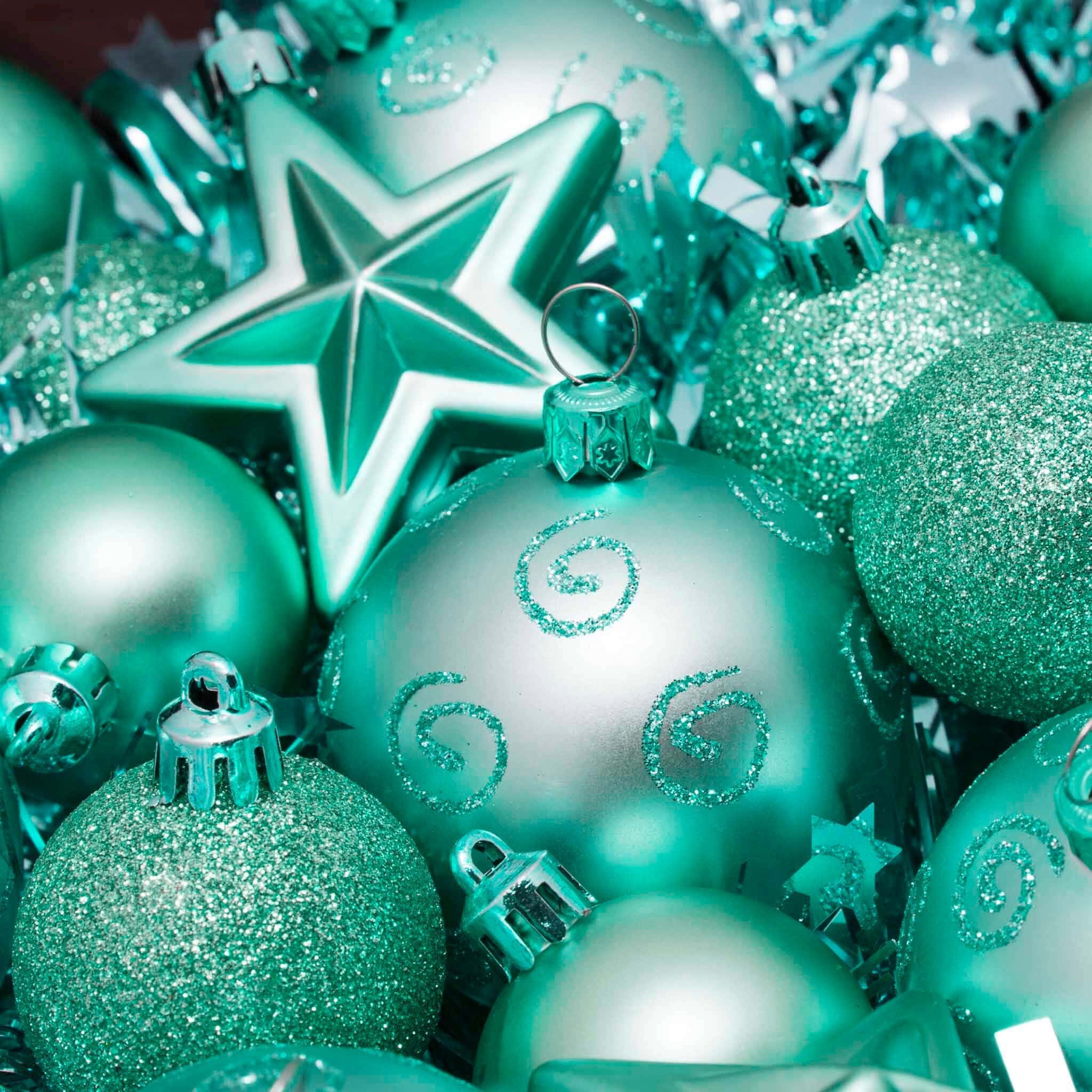 Girly Blue Xmas Decorations, shiny teal, silver, Full HD Desktop Wallpaper