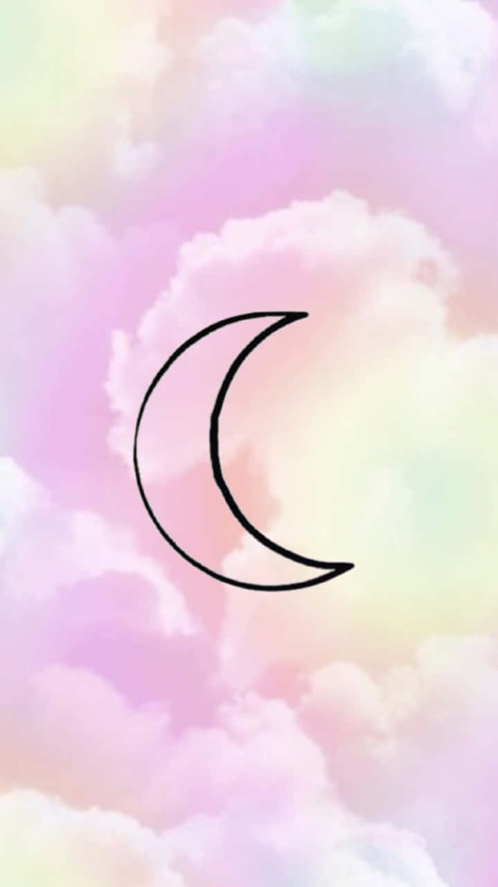 girly aesthetic, minimalist black crescent moon outline, soft pastel clouds, HD Phone Wallpaper