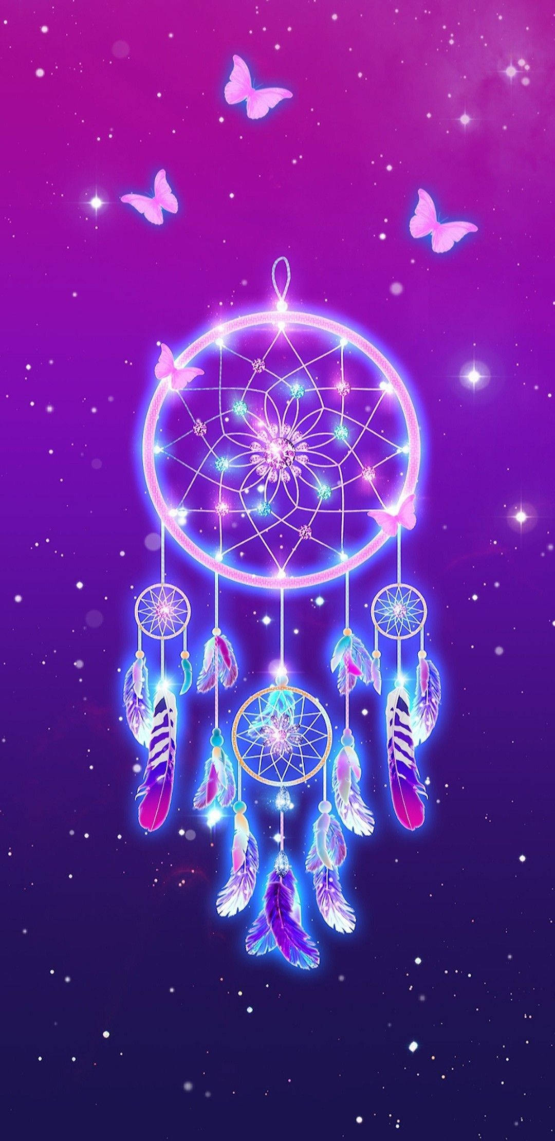 Girly Galaxy, dreamcatcher, neon feathers, Full HD Phone Wallpaper