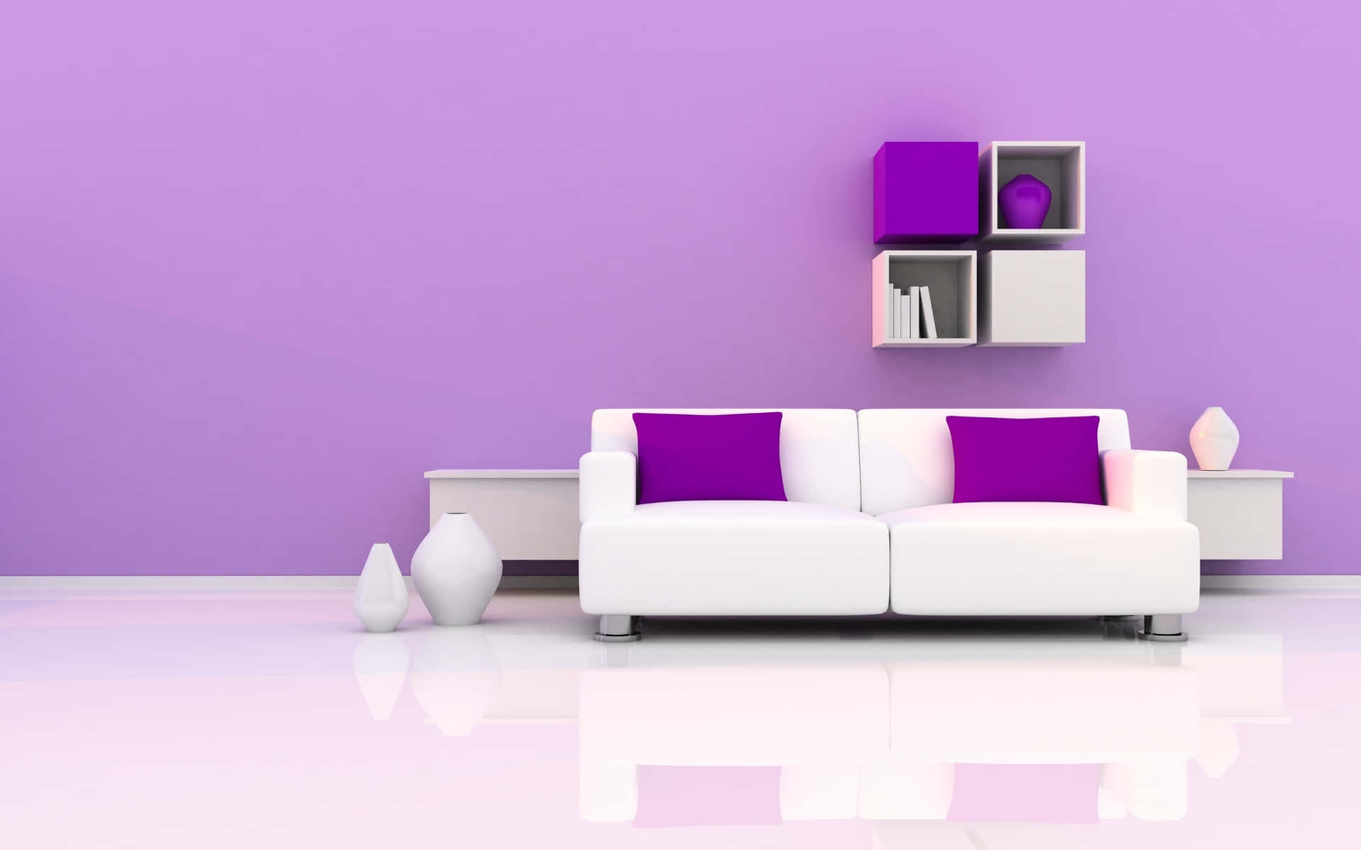 white sofa, purple pillows, gradient purple wall, Full HD Desktop Wallpaper