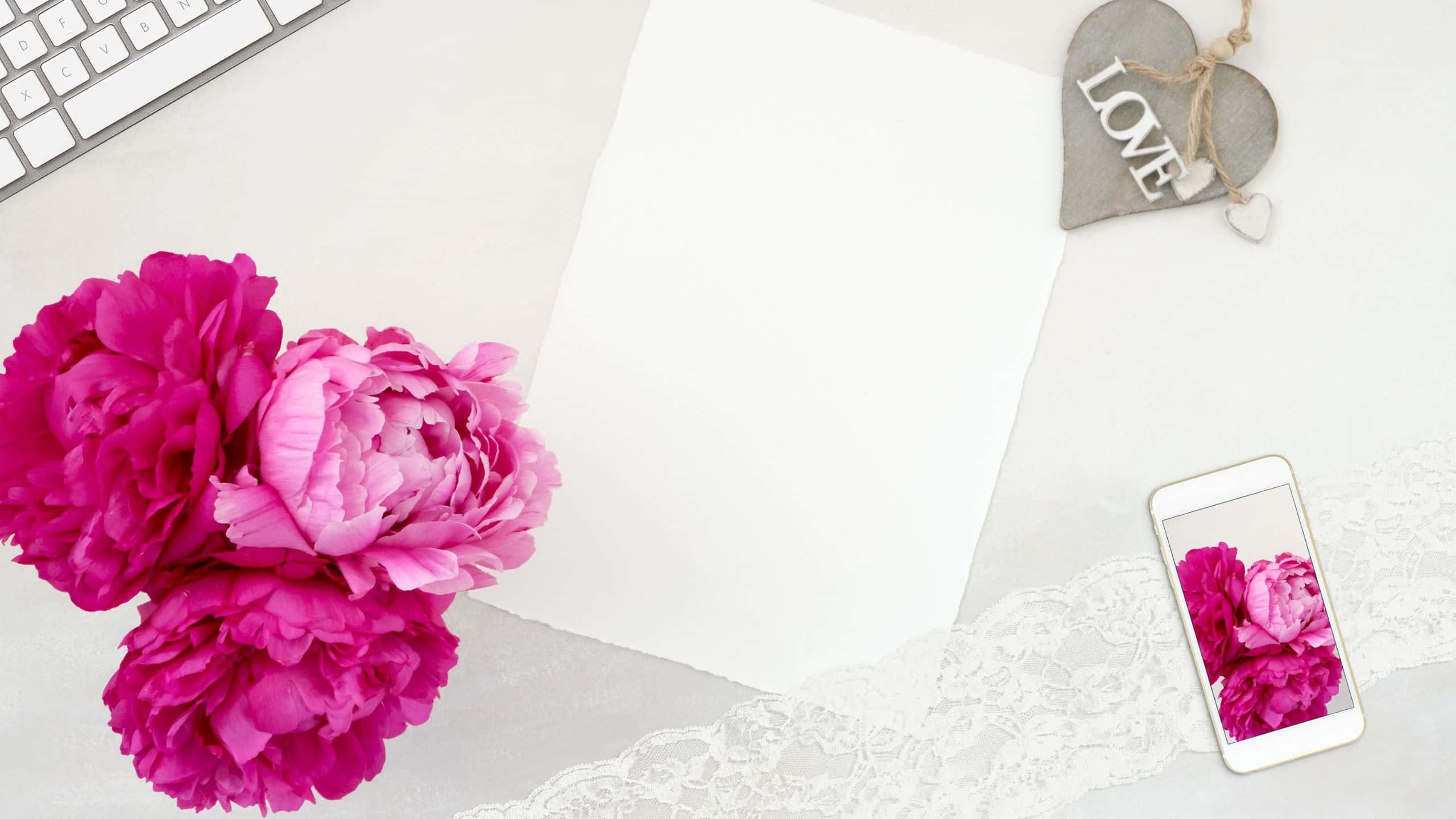 Girly Notebook Desktop, vibrant pink peonies, white desk, 2K Desktop Wallpaper