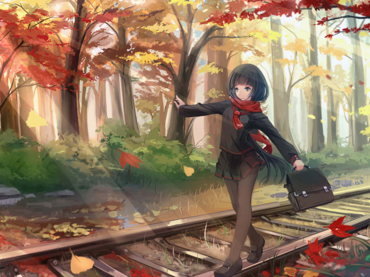 autumnal anime girl, railroad tracks, school uniform, HD Desktop Wallpaper