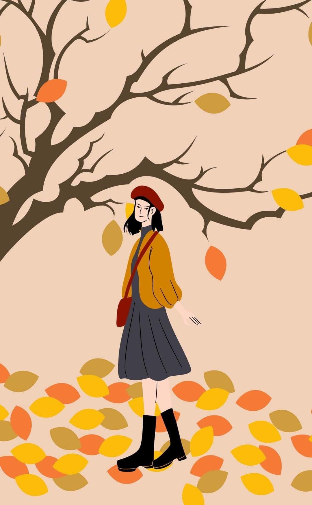 autumn coat, beret, leafy tree, HD Phone Wallpaper