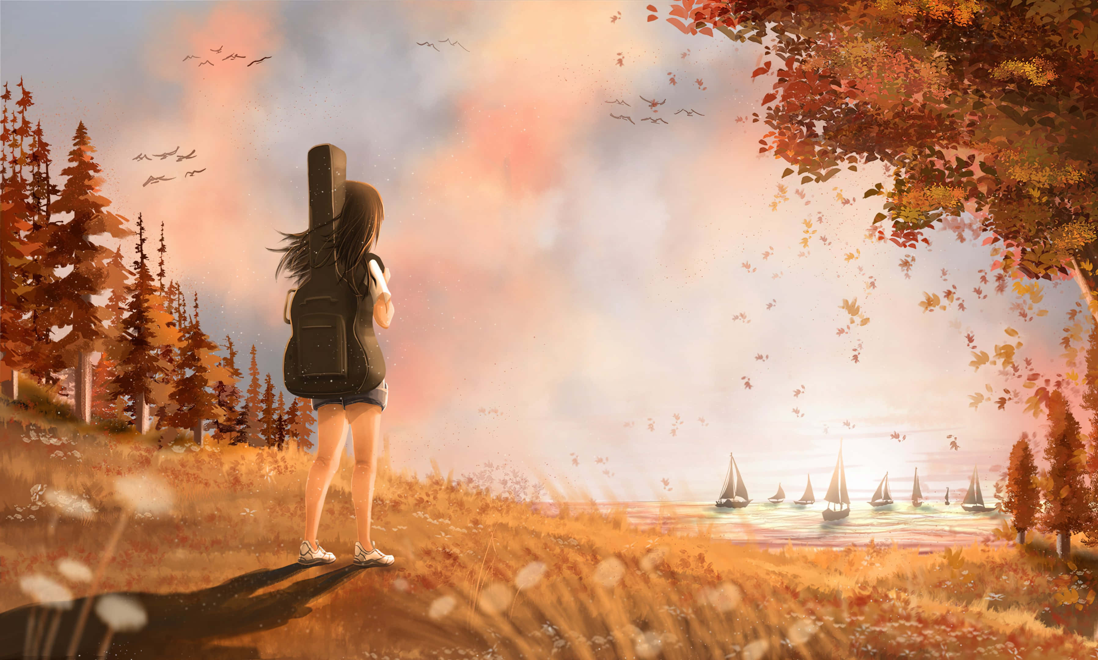 Autumn Melody Girlwith Guitar, guitar case, hill, 2K Desktop Wallpaper