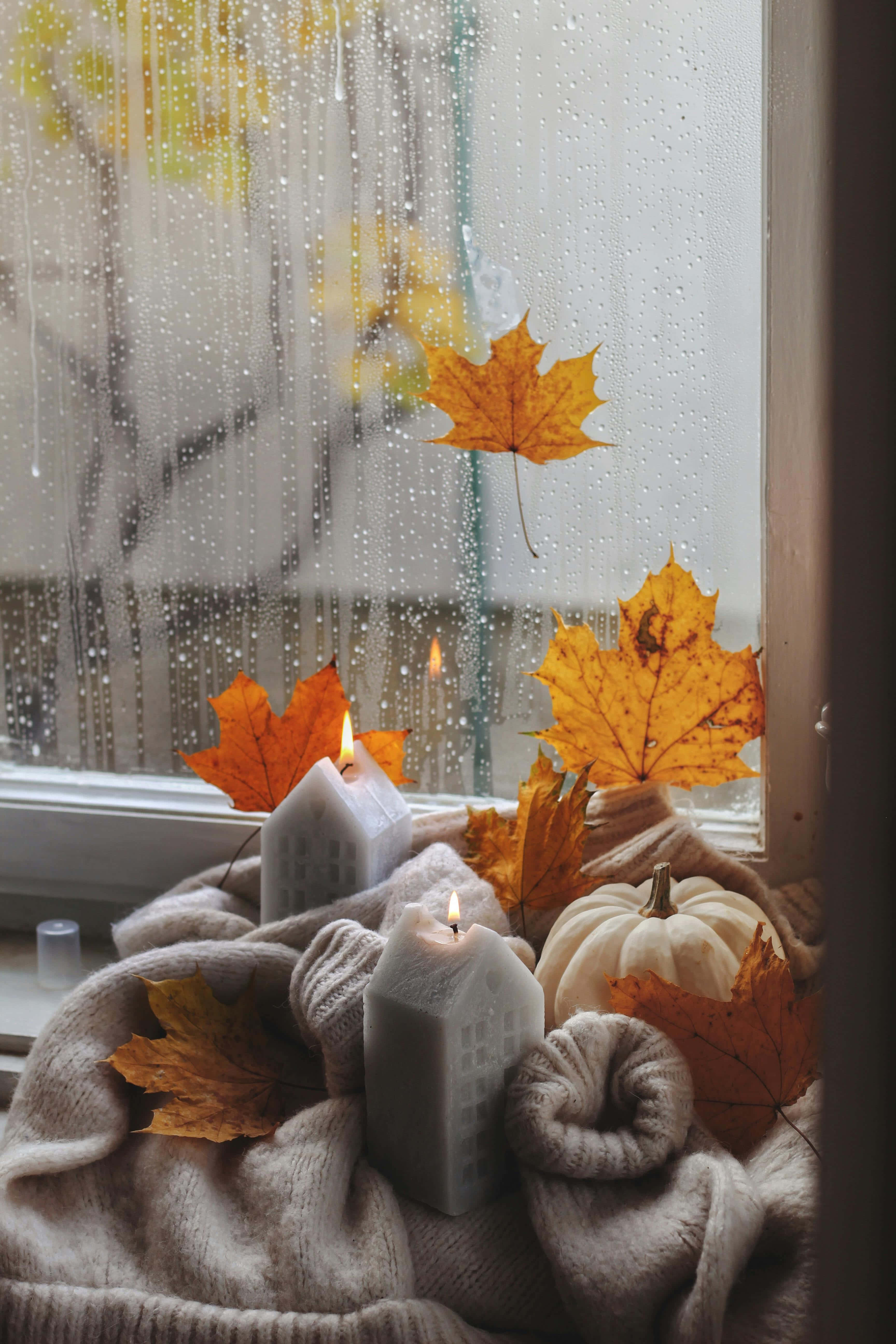 cozy autumn scene, house-shaped candles, pumpkins, 5K Phone Wallpaper