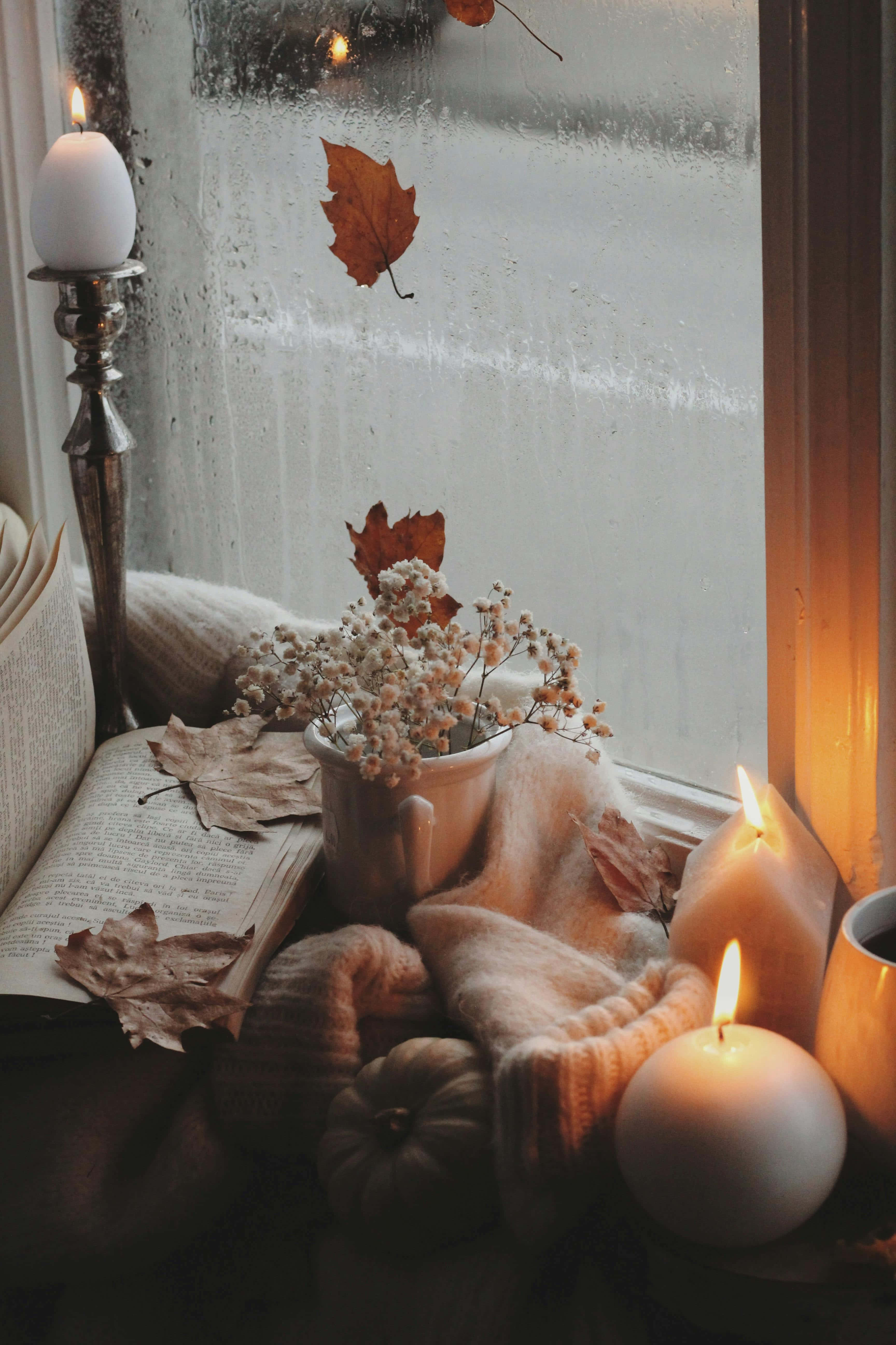 autumn window sill, lit candles, dried flowers, 5K Phone Wallpaper