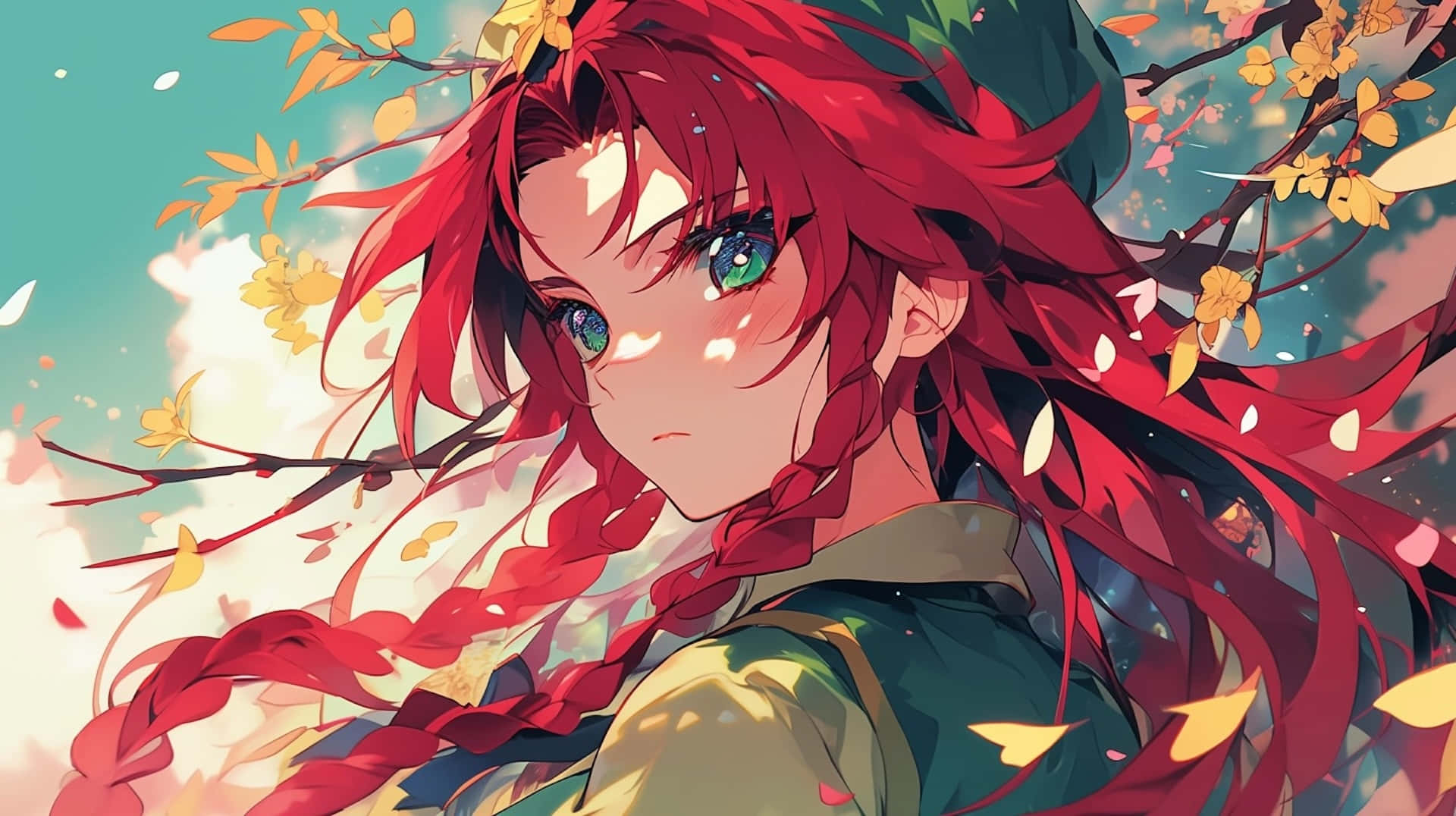 autumn redhead anime girl, fiery red braided hair, green eyes, Full HD Desktop Wallpaper
