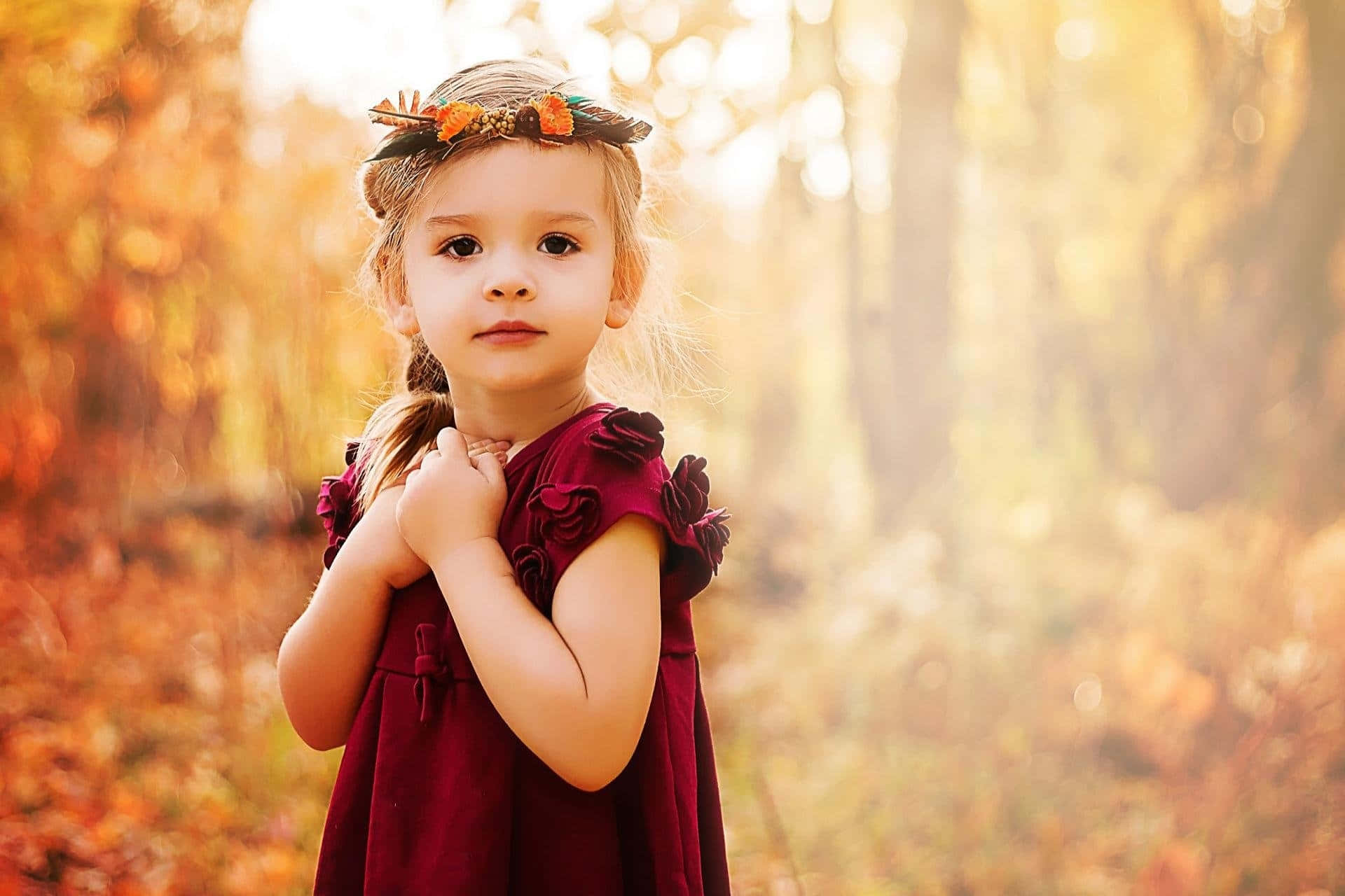 autumn child portrait, maroon dress, autumn leaf crown, Full HD Desktop Wallpaper